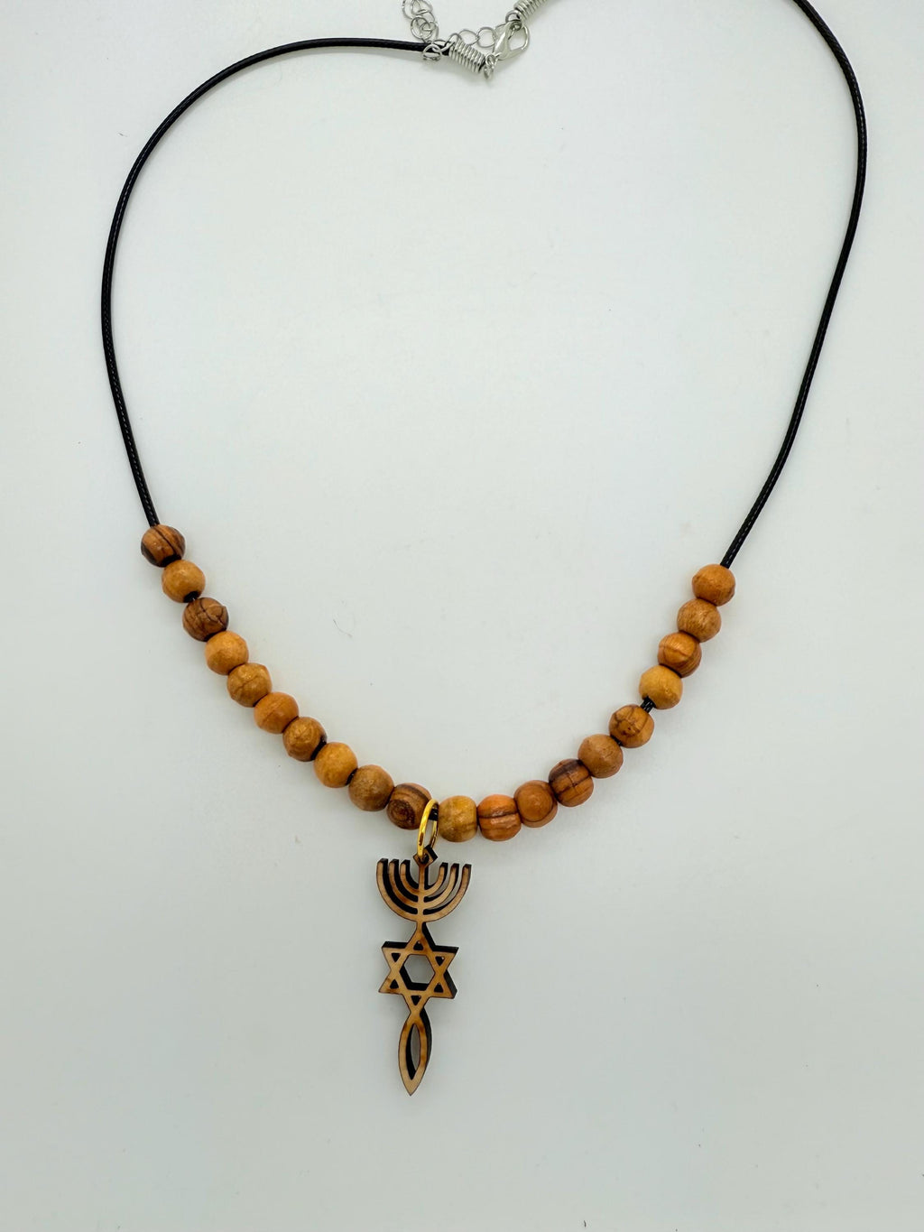 Star of David menorah and fish messianic grafted in Israel basswood pendant handmade necklace with olive wood beads 20" gift boxed