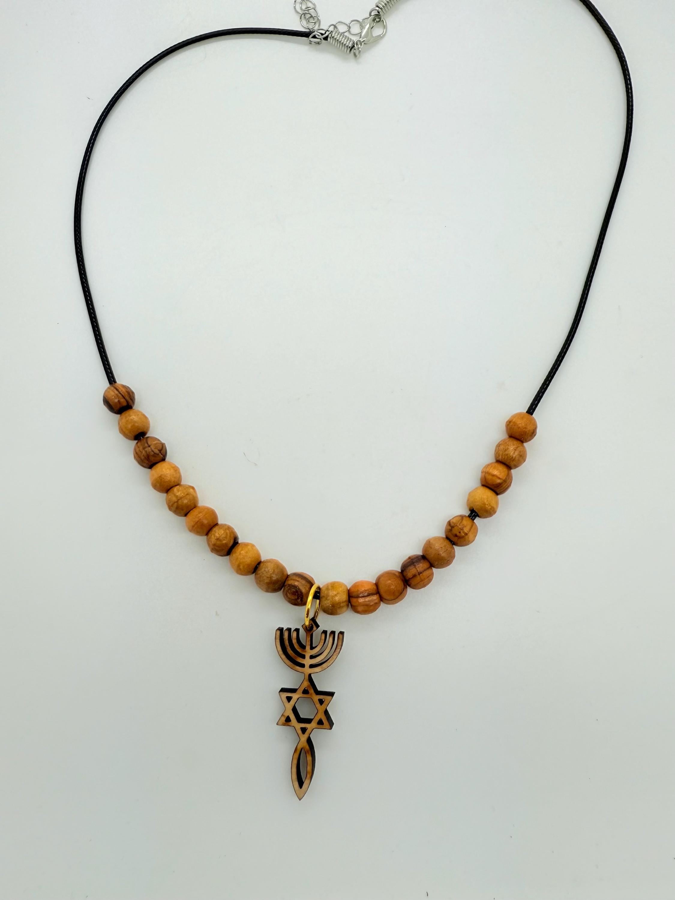 Star of David menorah and fish messianic grafted in Israel basswood pendant handmade necklace with olive wood beads 20" gift boxed