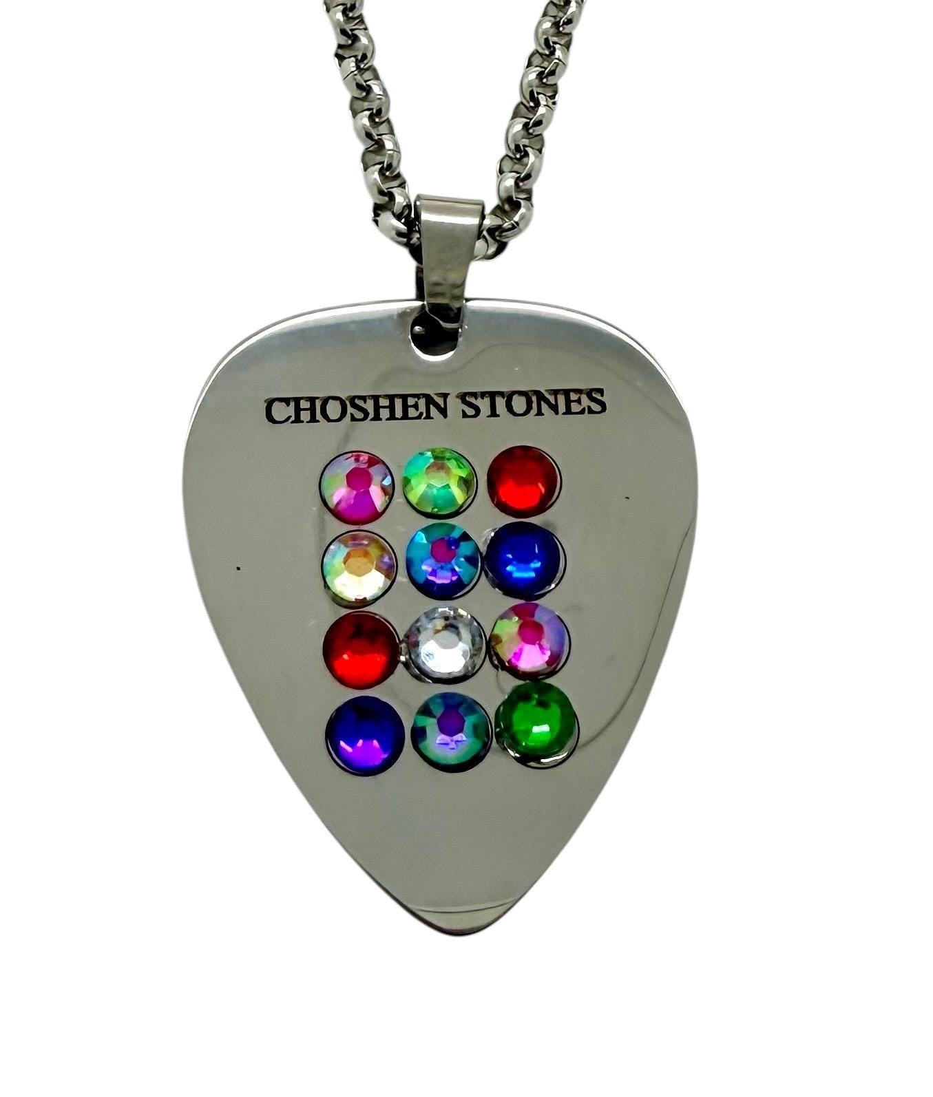 Ephod Hoshen Breastplate 12 Tribes Israel Heart Pendant engraved in English with Rhinestones Stainless Steel 20” Necklace