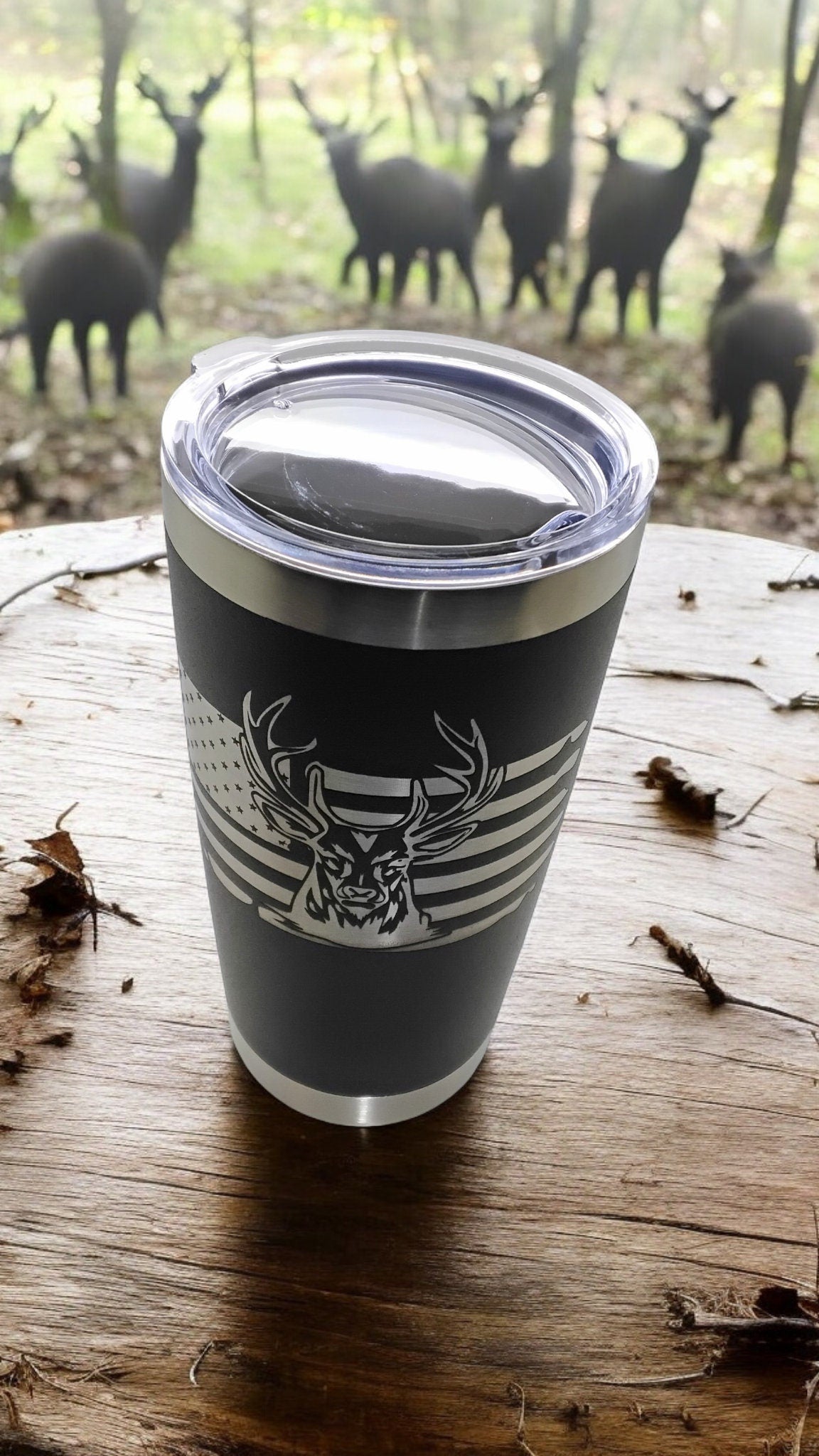 20oz Stainless Steel Tumbler with Lid engraved US Flag Deer Hunting travel mug