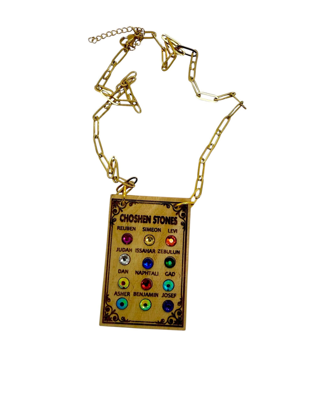 Ephod Choshen Hoshen Breastplate 12 Tribes Israel Pendant engraved olive wood from Israel in English with Rhinestones 18” Necklace.
