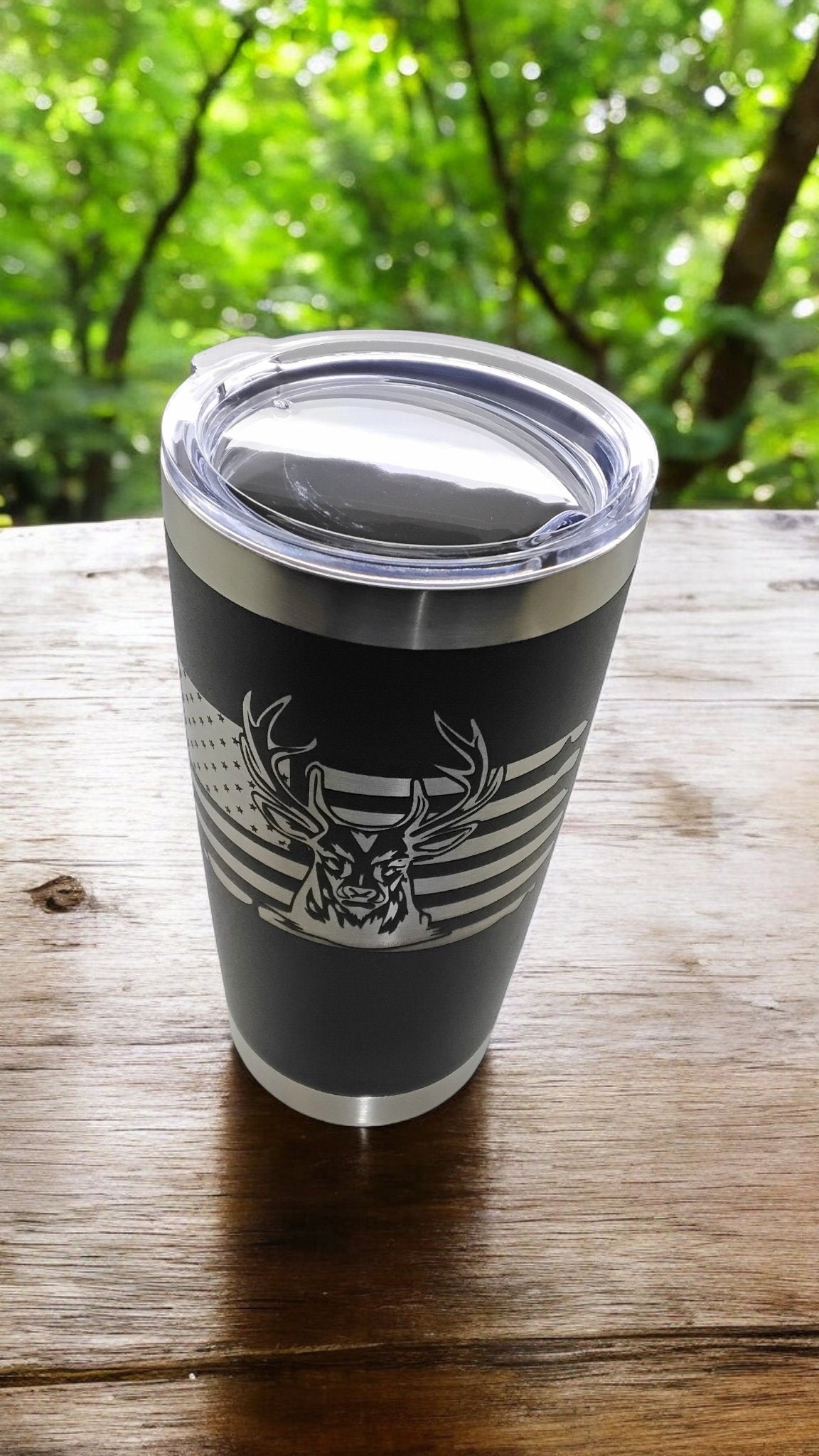 20oz Stainless Steel Tumbler with Lid engraved US Flag Deer Hunting travel mug