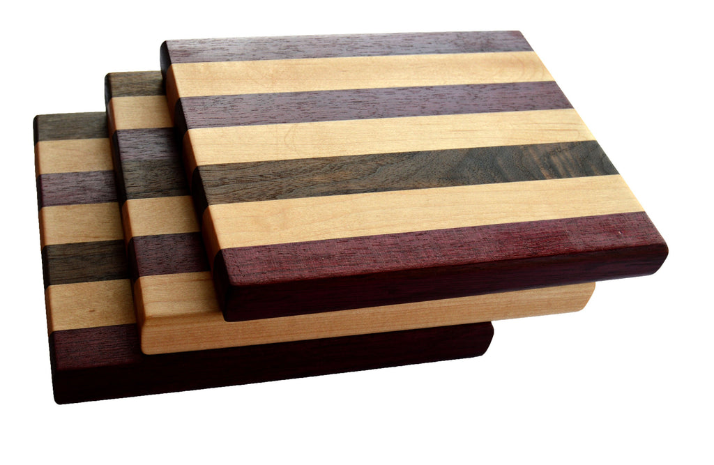 Handmade Hard wood small cutting board 8" x 7" Walnut Hard Maple Cherry and Purple-heart wood