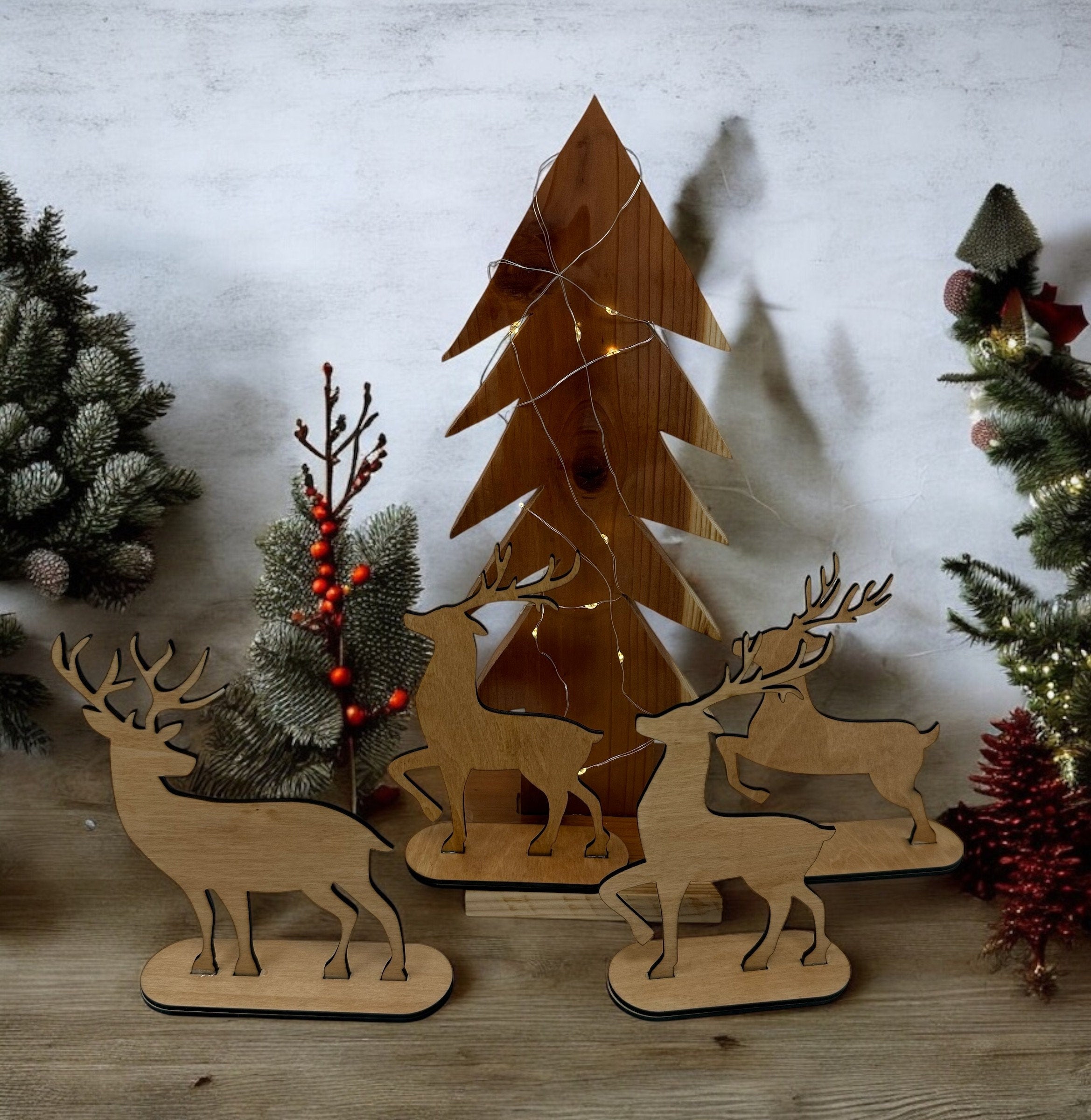 Wooden Christmas tree with 4 standing Reindeers and LED light hand made from Cedar and basswood, Personalize Reindeers available.