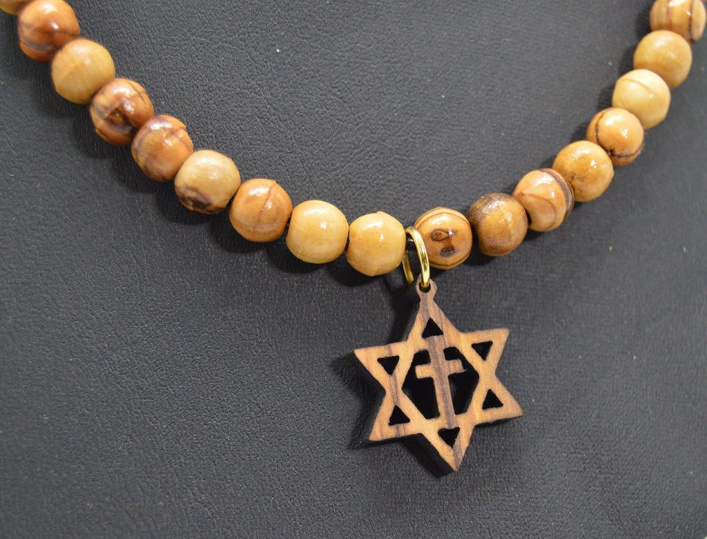 Star of David with the cross olive wood pendant handmade necklace with olive wood beads 18" gift boxed
