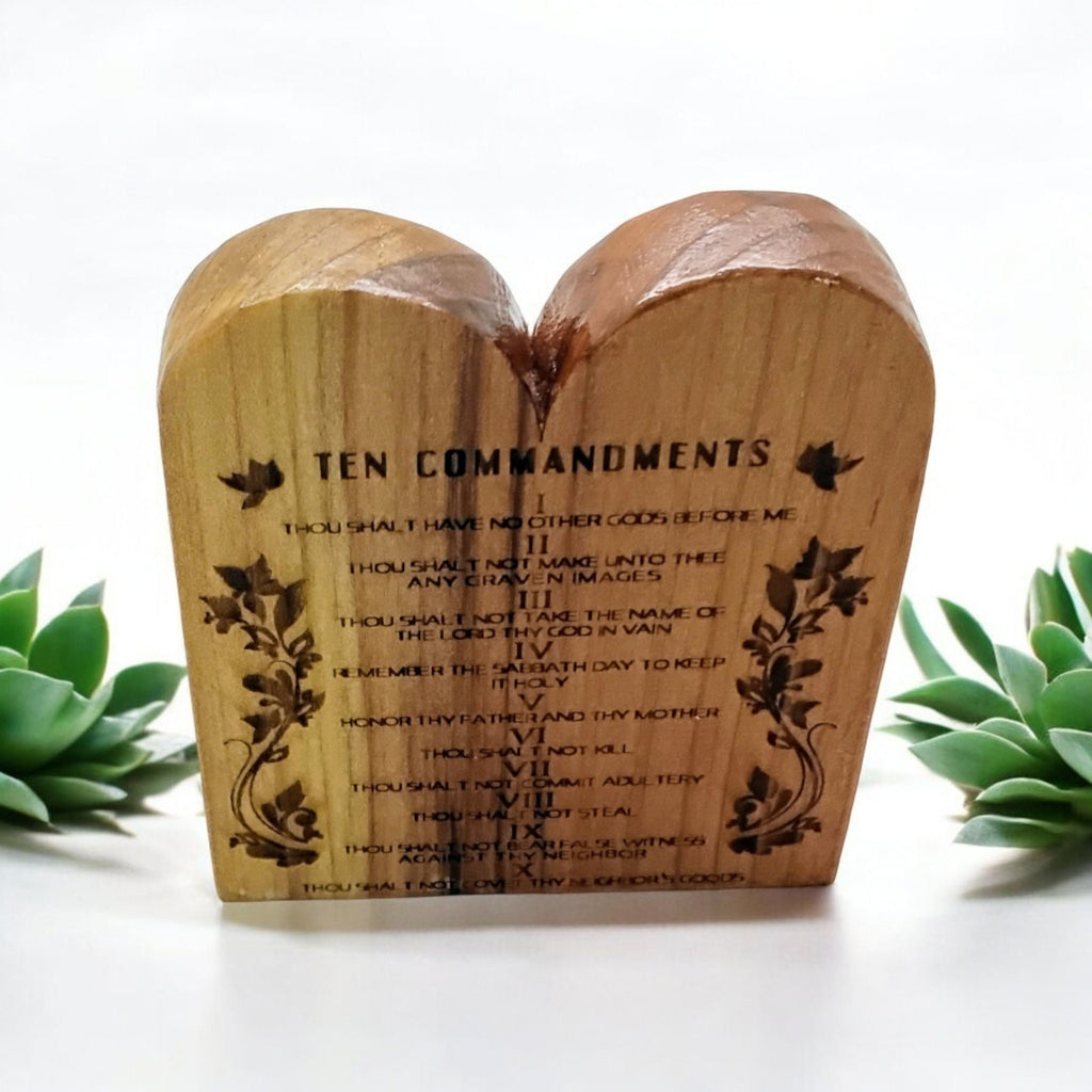 The Ten Commandments handmade engraved in English or Hebrew with the menorah on cedar wood table top desk or bookcase display.