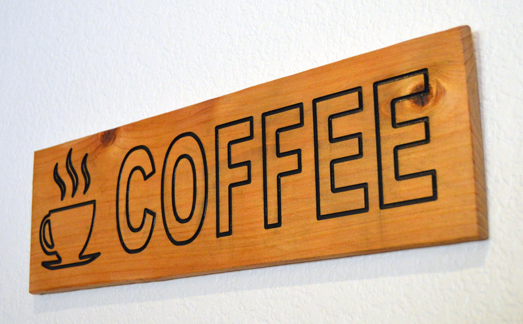 Coffee wood carving sign Cedar wood hand painted and stained size 18"