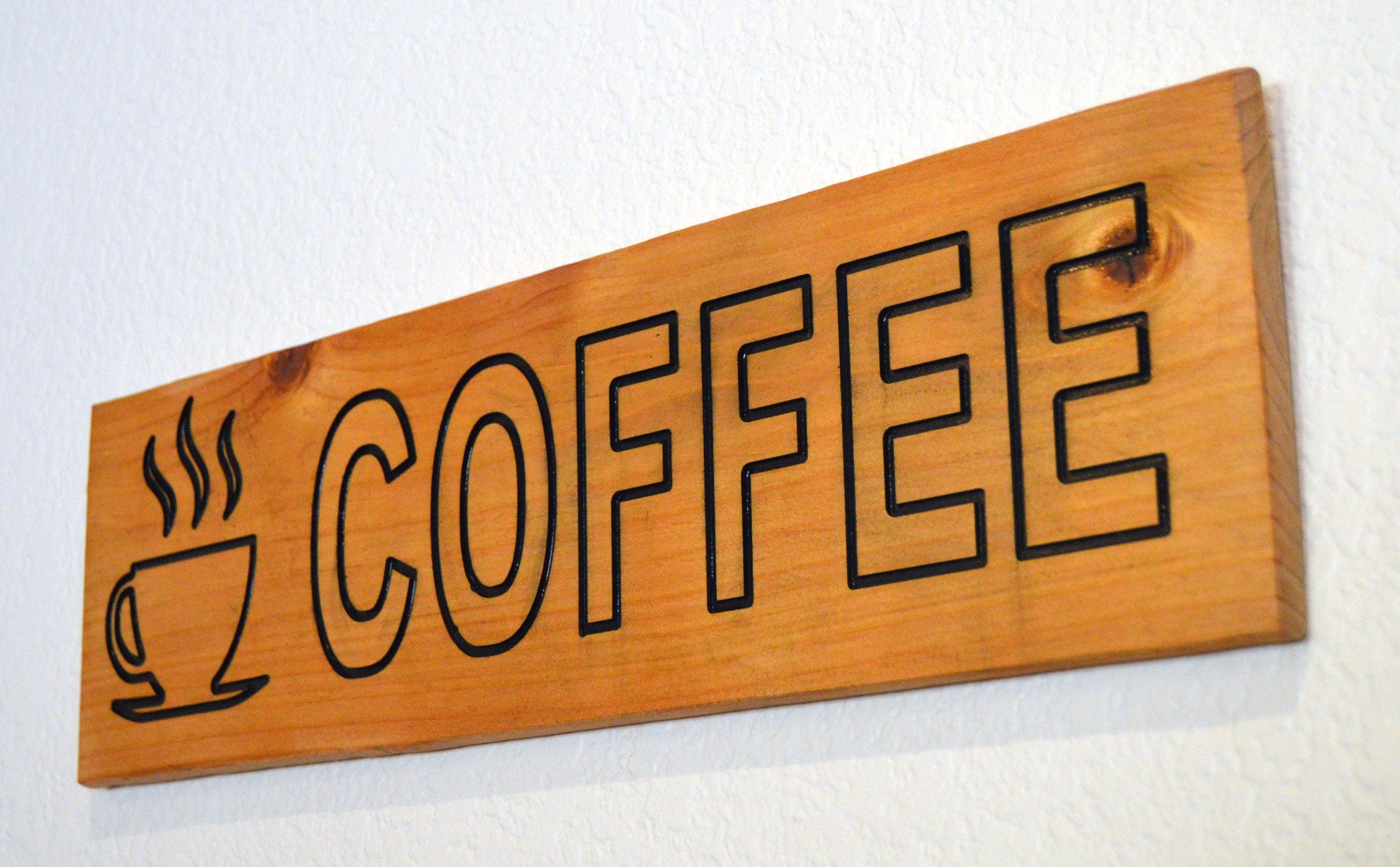 Coffee wood carving sign Cedar wood hand painted and stained size 18"