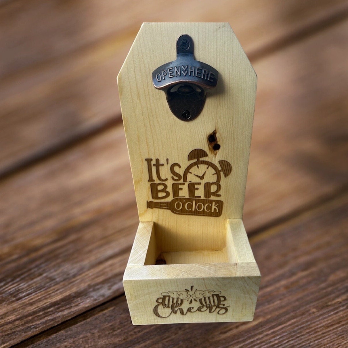 Wooden beer bottle opener handmade with engraving it’s time for beer and cheers
