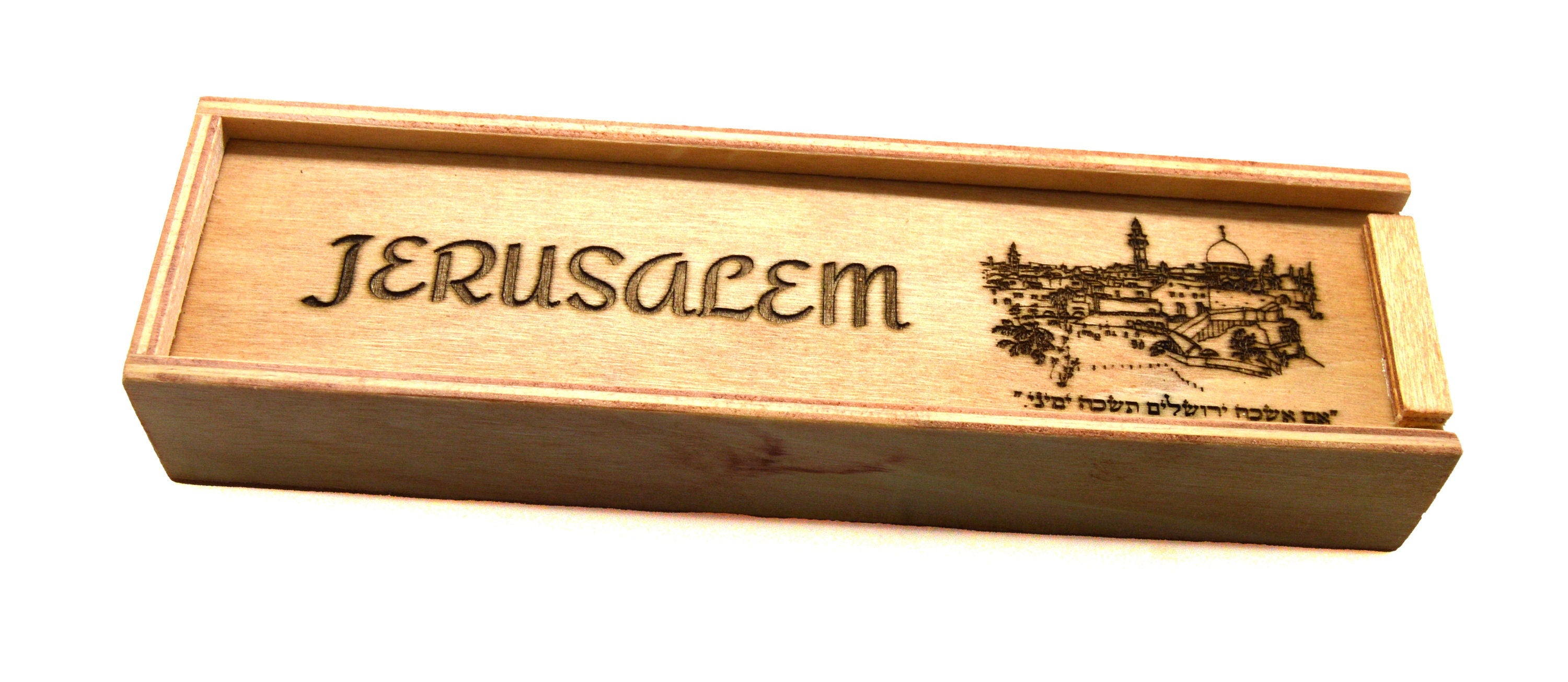 Olive wood from Israel hand turned pen with wooden gift box engraved with the city of Jerusalem verse If I forget you Jerusalem in Hebrew