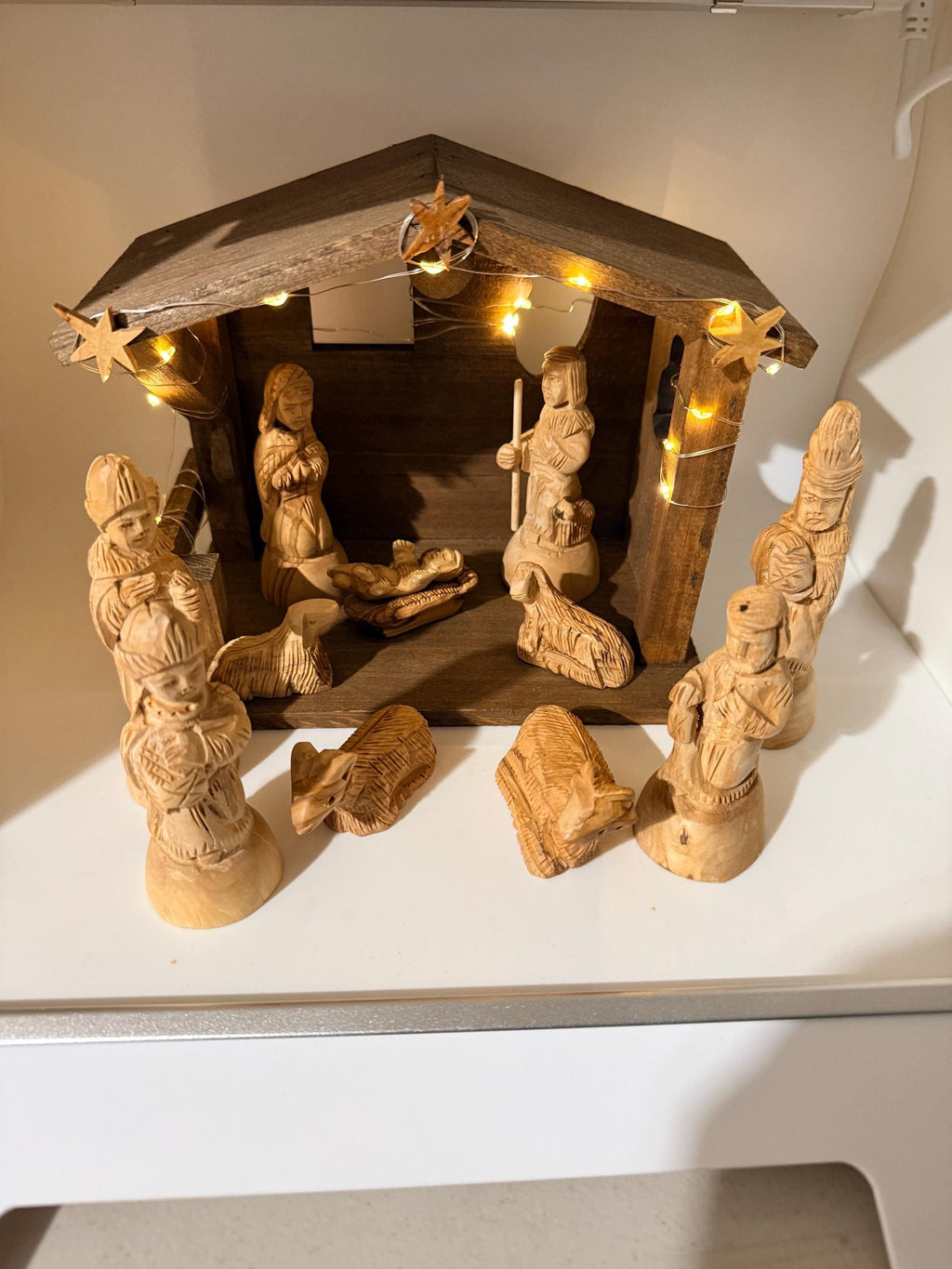 Bethlehem olive wood detail carving style nativity set with wood Stable Manger LED lights