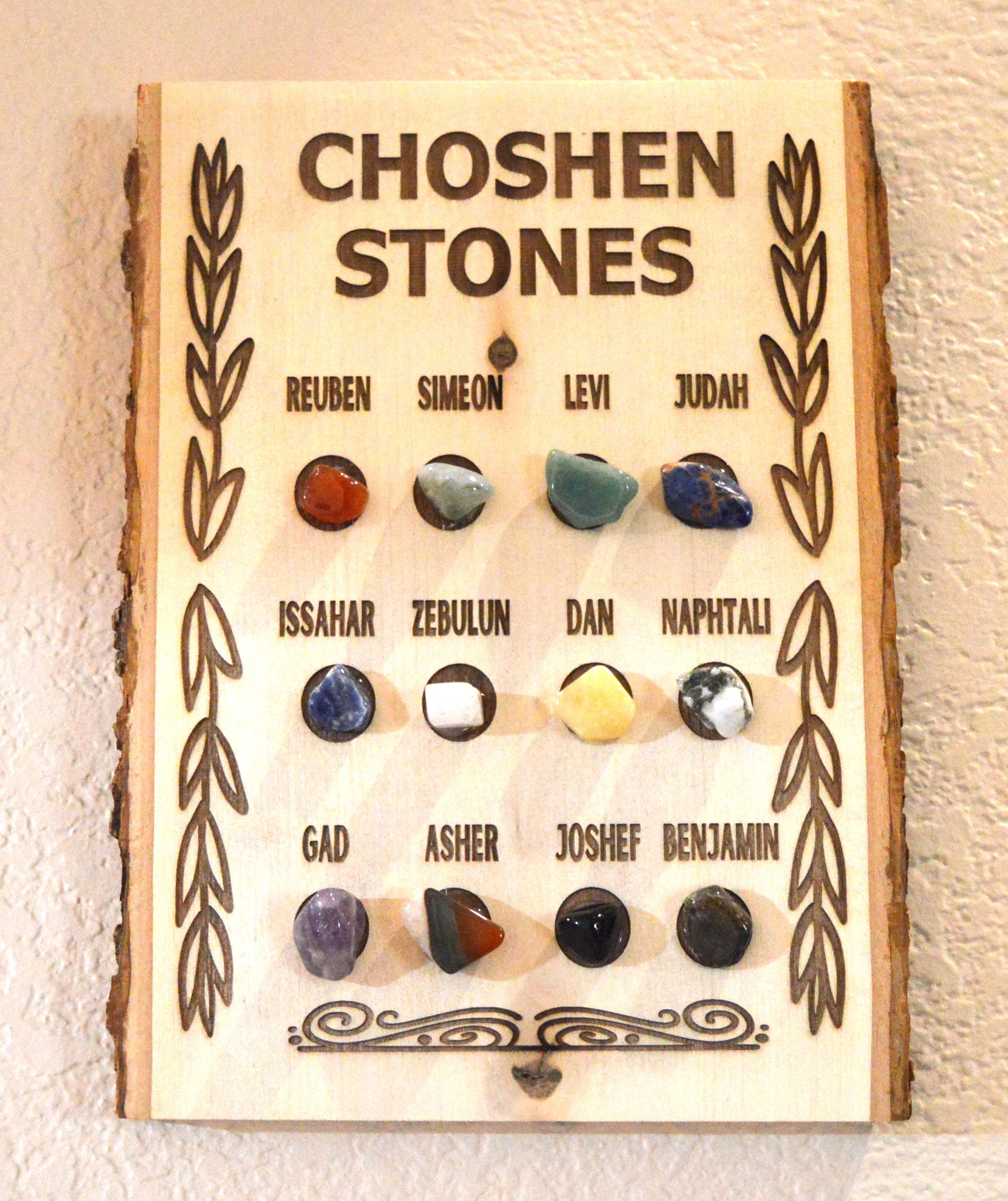 CHOSEN Stones 12 tribes of Israel Hoshen High Priest Ephod with the Genuine Gemstones of the twelve tribes names Engraved on live edge wood.