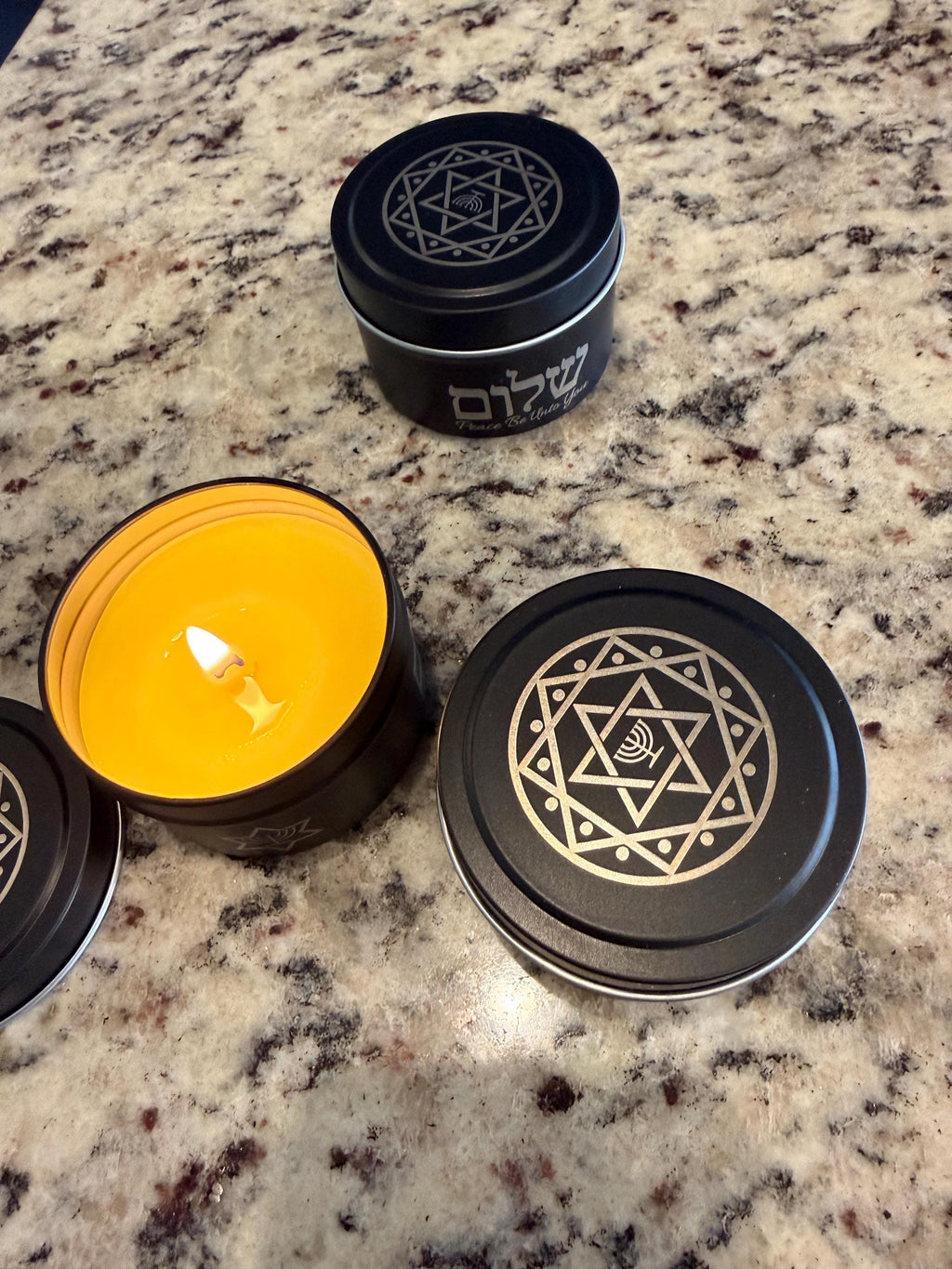 Handmade soy wax candle 3.5 oz Star of David menorah Jewish design engraved tin metal tin jar Shalom in Hebrew. Personalization available.
