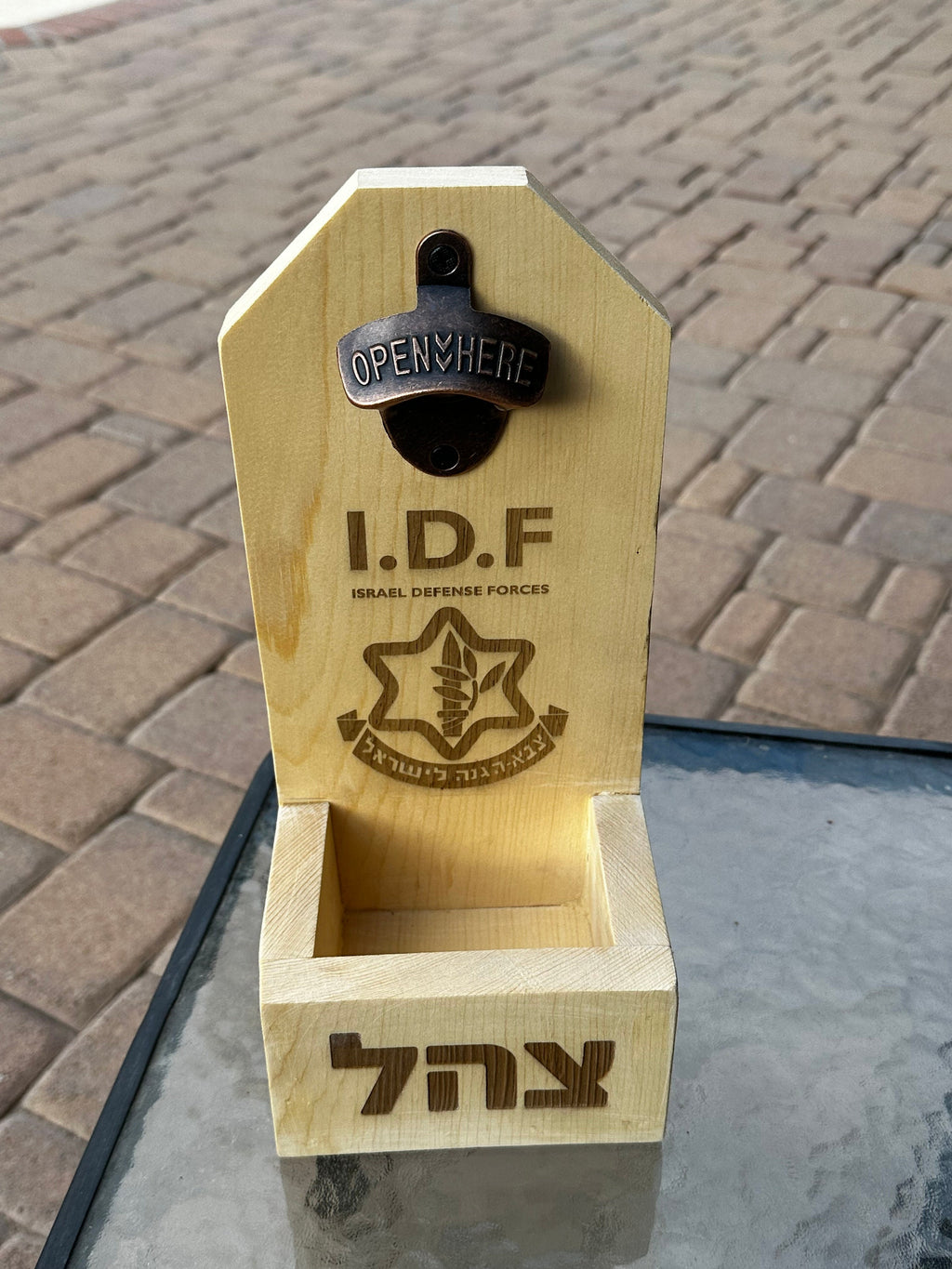 Wooden beer bottle opener handmade with Hebrew IDF Israel defense forces