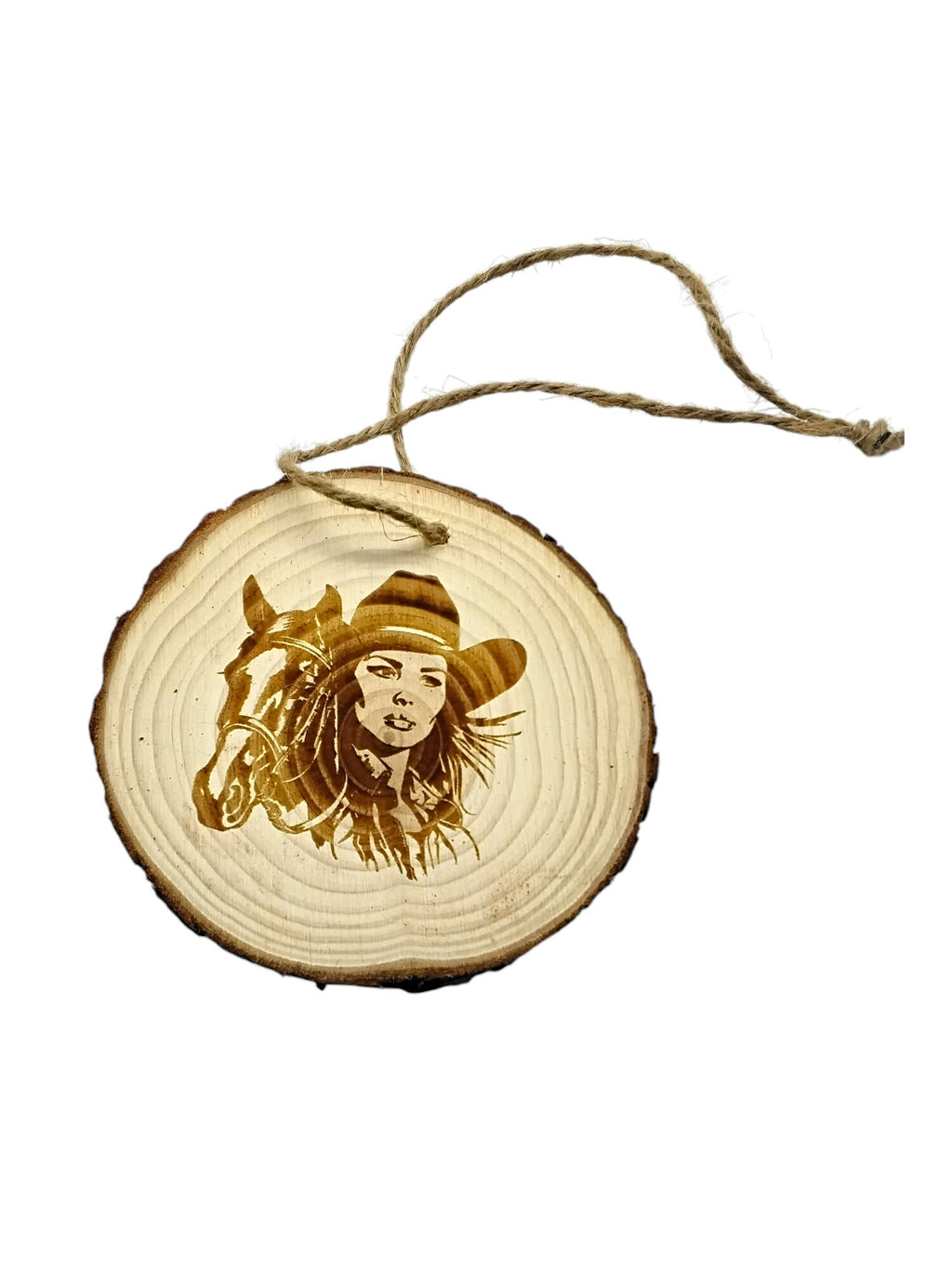 Cowgirl with the horse handmade engraved on natural pine wood slice with the bark great decoration for the Christmas tree comes gift boxed