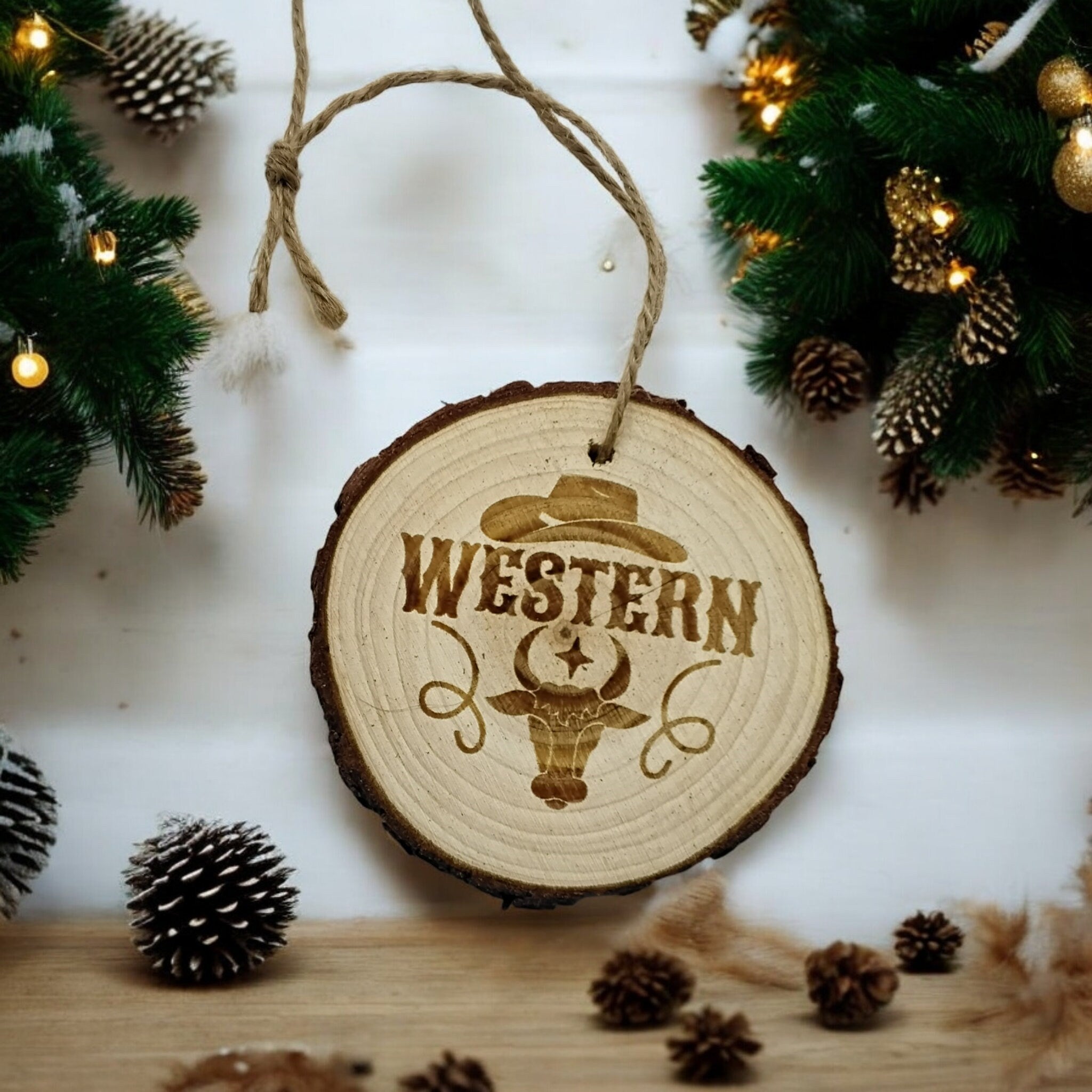 Western handmade engraved on natural pine wood slice with the bark great decoration for the Christmas tree comes ready to hung gift box