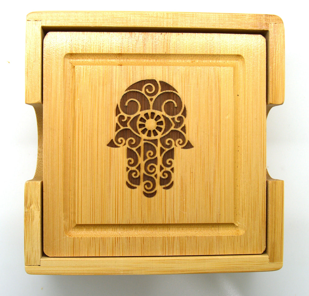 Hamsa Hand wooden engraved coasters bamboo set with holder for good luck and protection