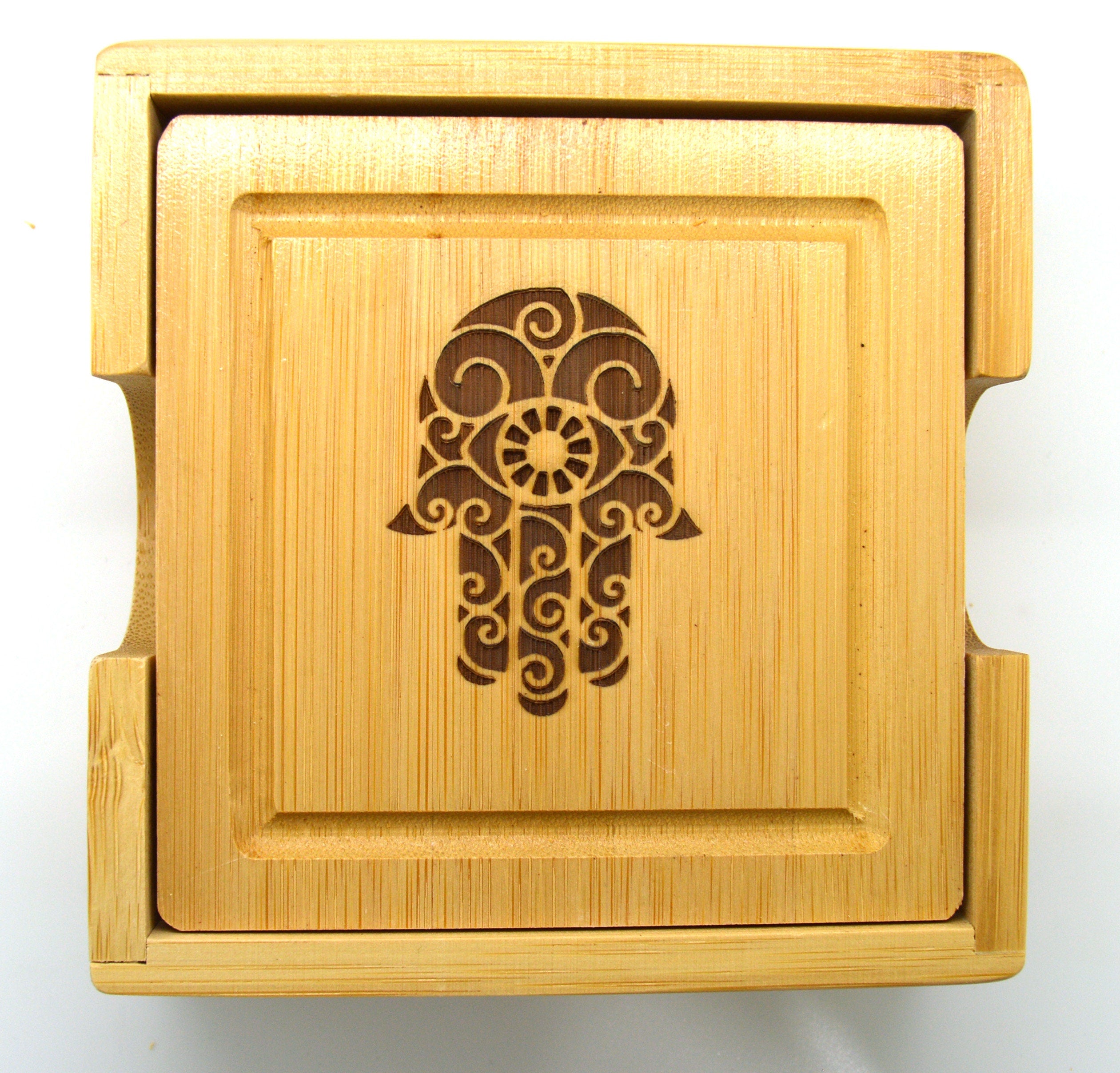 Hamsa Hand wooden engraved coasters bamboo set with holder for good luck and protection