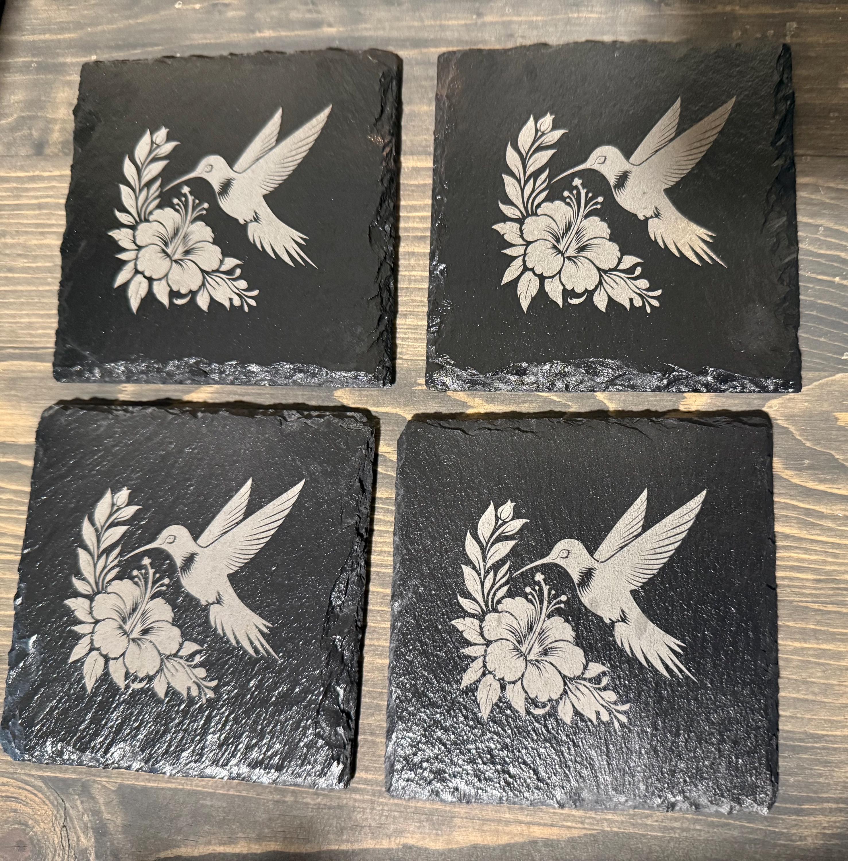 Natural Slate Stone Handmade Coaster Set with hummingbird flowers