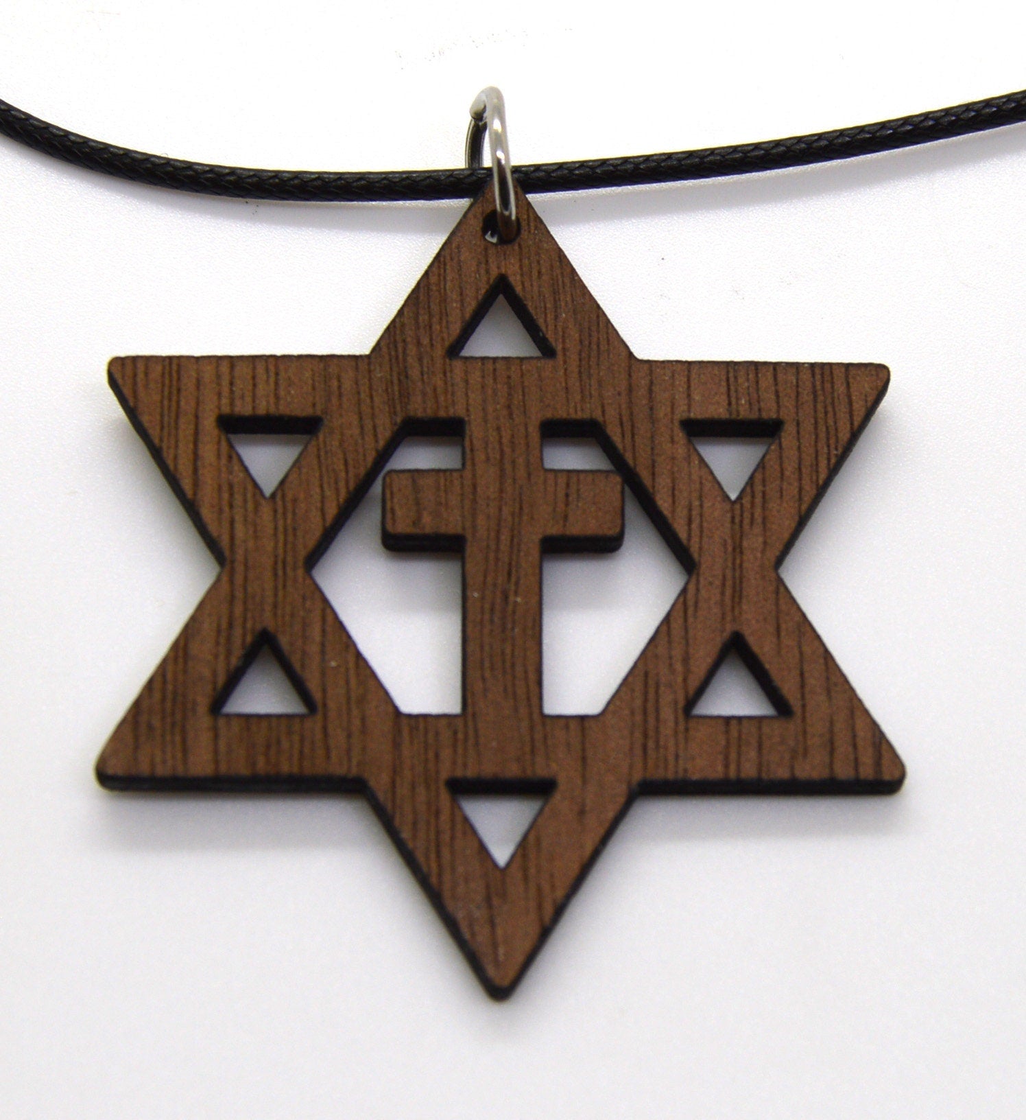 Star of David with the cross wooden Messianic Jewish pendant pendant Basswood or Walnut 18" necklace