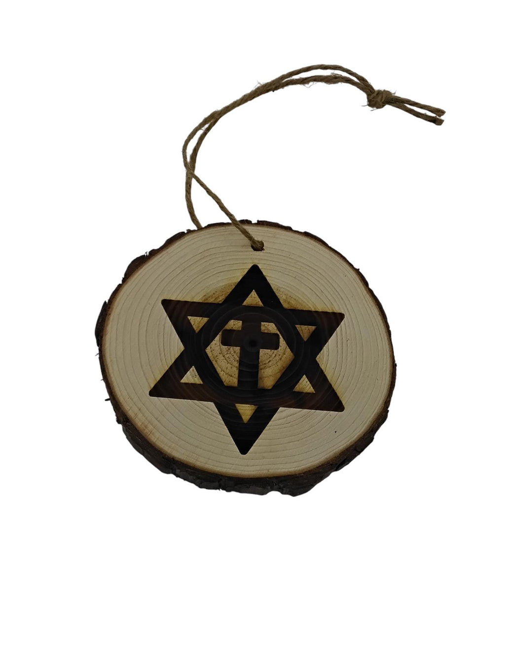 Star of David with the Cross handmade engraved on natural pine wood slice with the bark great decoration for the Christmas tree.