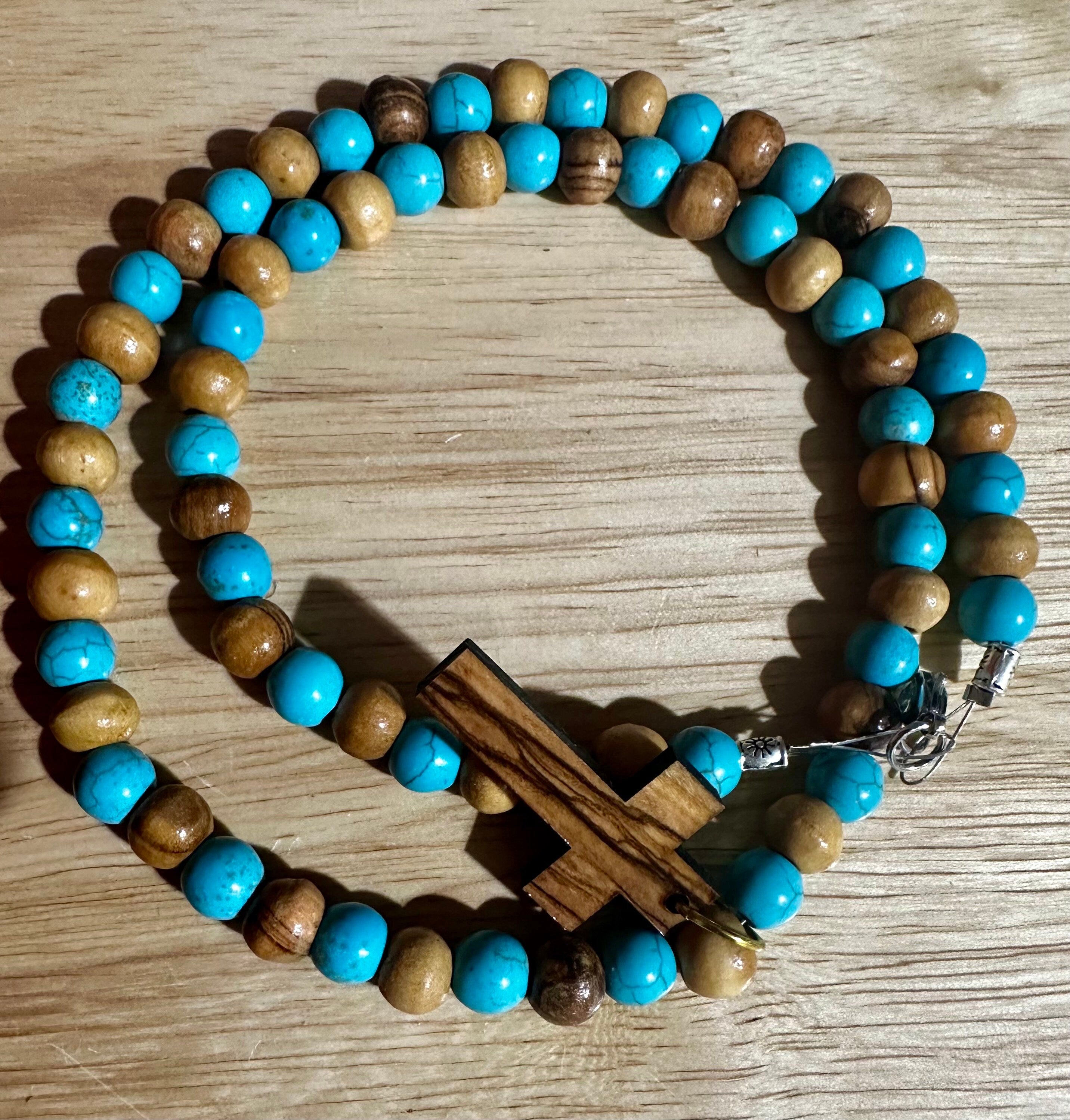 Bethlehem olive wood beads and turquoise beads necklace handmade with olive wood cross pendant comes gift boxed