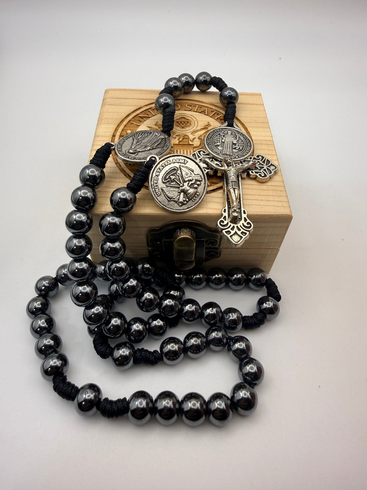 United States Navy rosary with wooden engraved rosary box