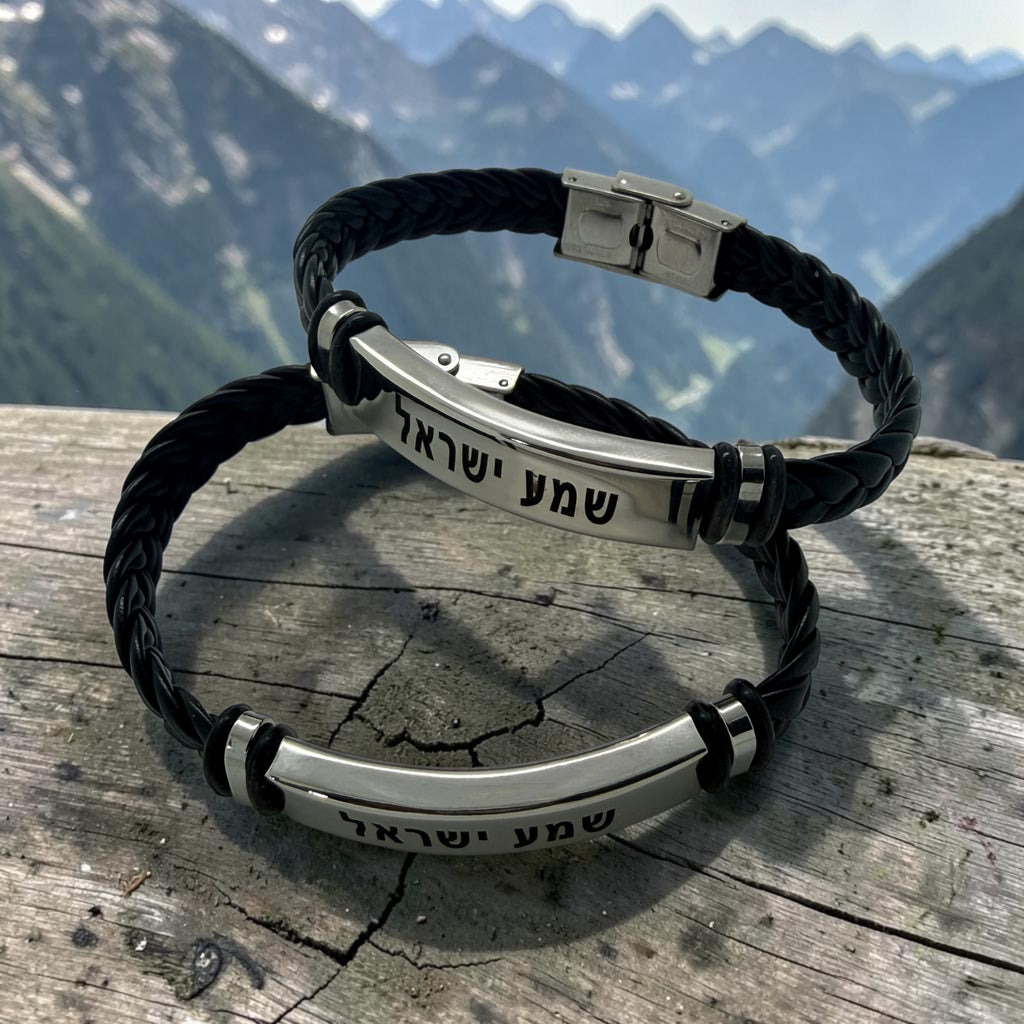 Shema Israel leather bracelet engraved in Hebrew blessing Jewish jewelry