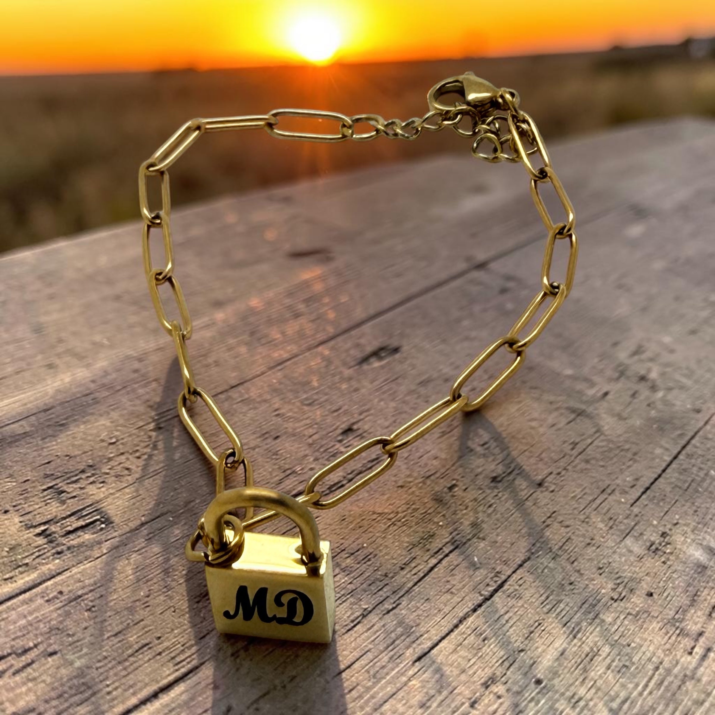 Hebrew and English initials bracelet engraved padlock charm gold plated stainless steel paperclip chain