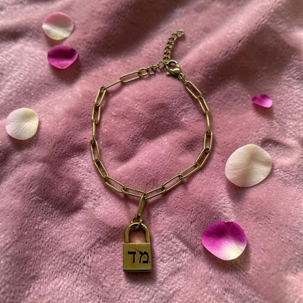 Hebrew and English initials bracelet engraved padlock charm gold plated stainless steel paperclip chain