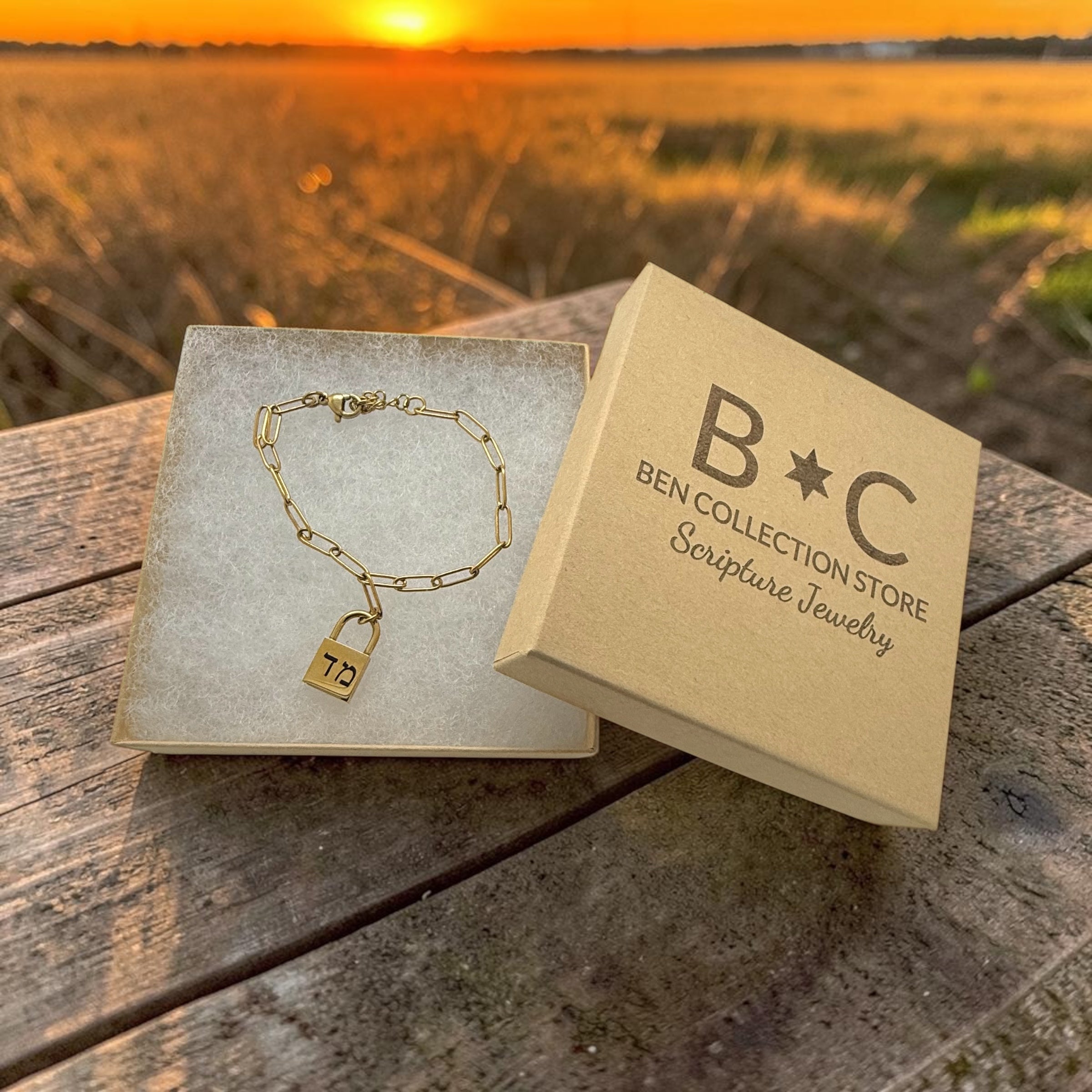 Hebrew and English initials bracelet engraved padlock charm gold plated stainless steel paperclip chain
