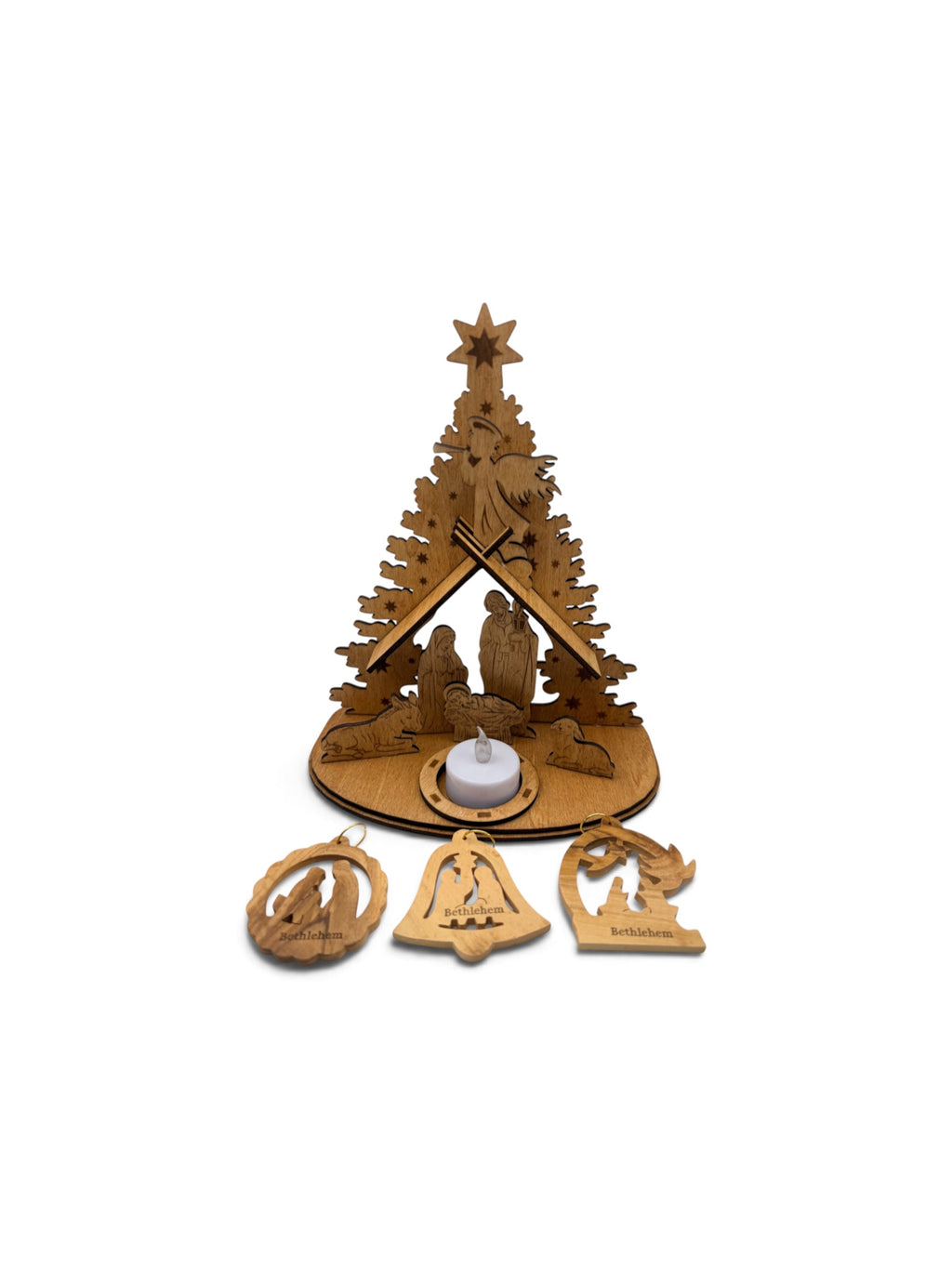 Nativity scene handmade from basswood and 3 olive wood ornaments from Bethlehem