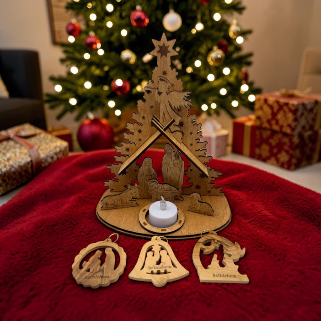 Nativity scene handmade from basswood and 3 olive wood ornaments from Bethlehem