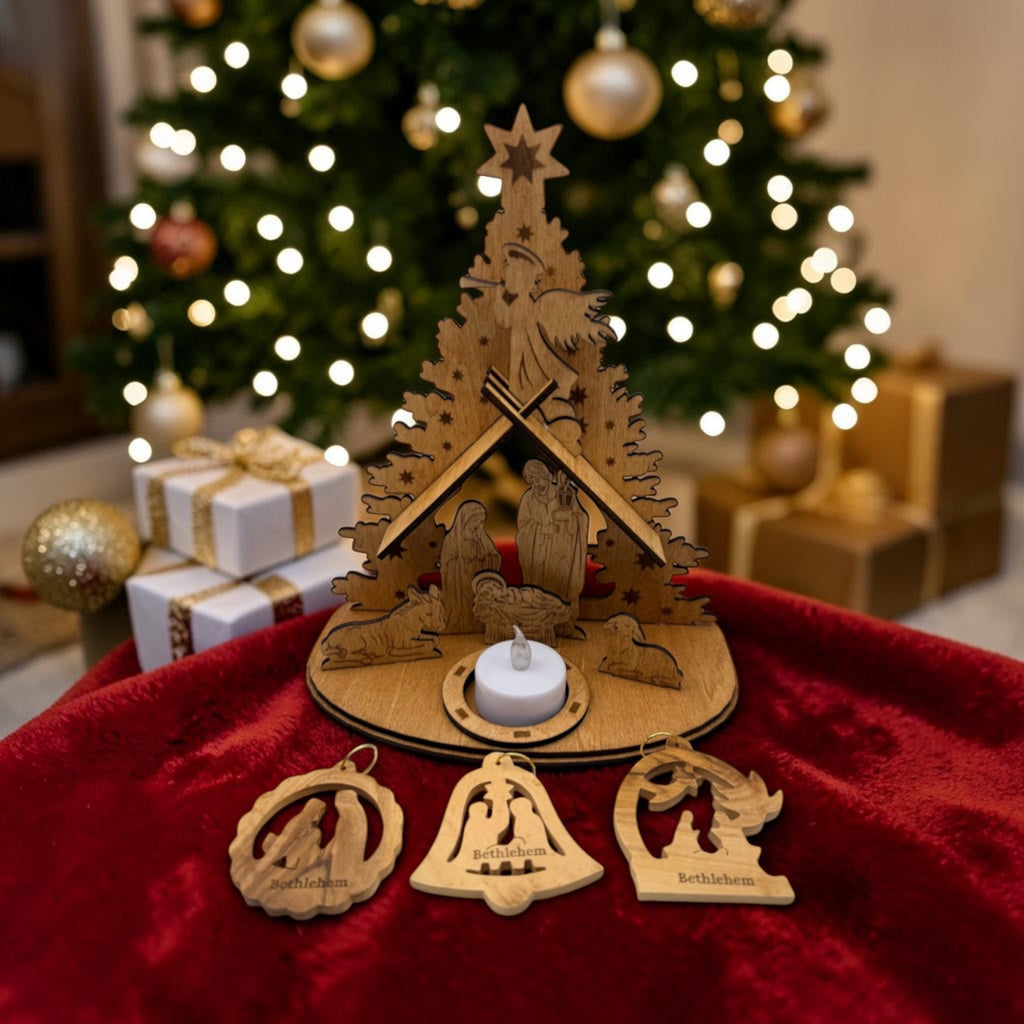 Nativity scene handmade from basswood and 3 olive wood ornaments from Bethlehem