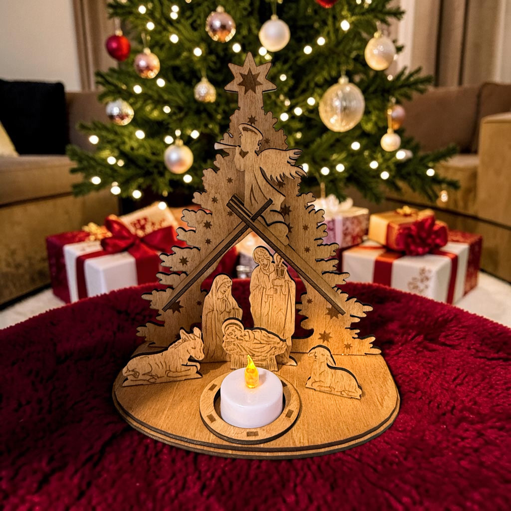 Nativity scene handmade from basswood and 3 olive wood ornaments from Bethlehem
