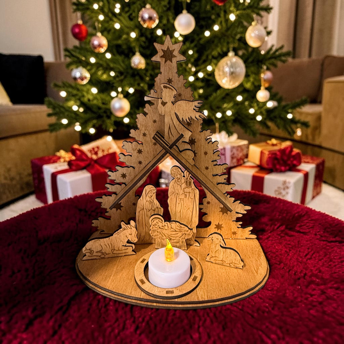 Nativity scene handmade from basswood and 3 olive wood ornaments from Bethlehem