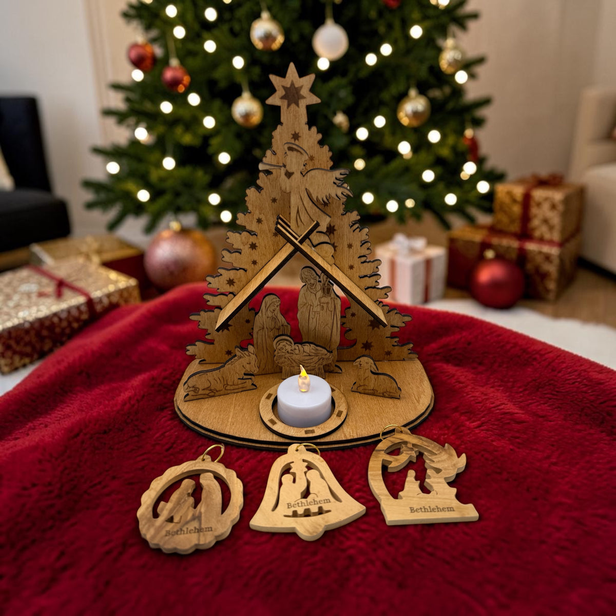 Nativity scene handmade from basswood and 3 olive wood ornaments from Bethlehem