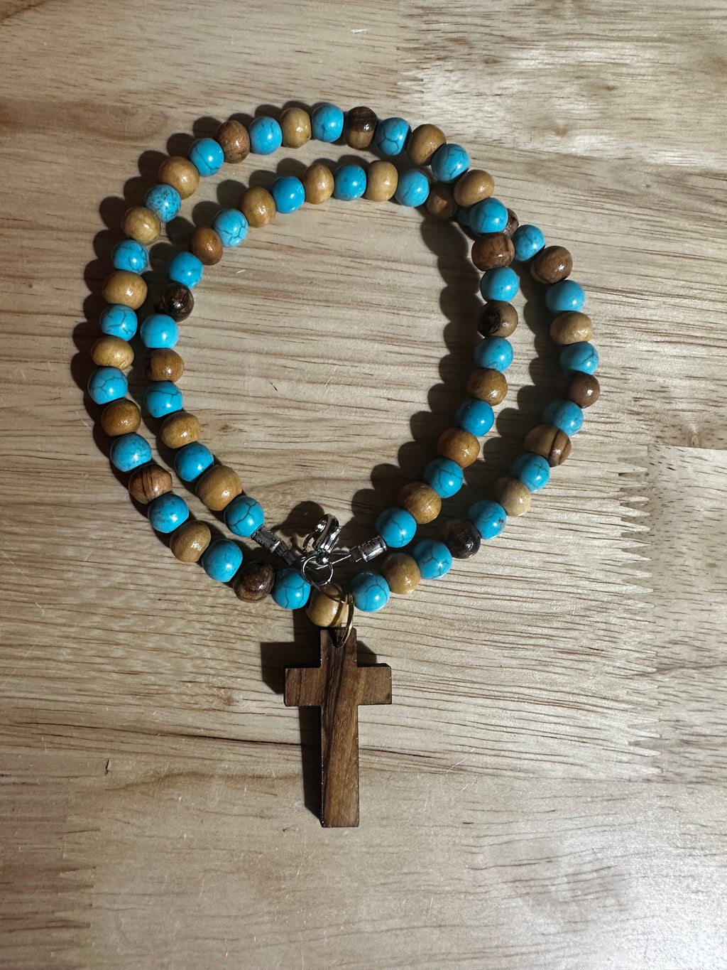Bethlehem olive wood beads and turquoise beads necklace handmade with olive wood cross pendant comes gift boxed