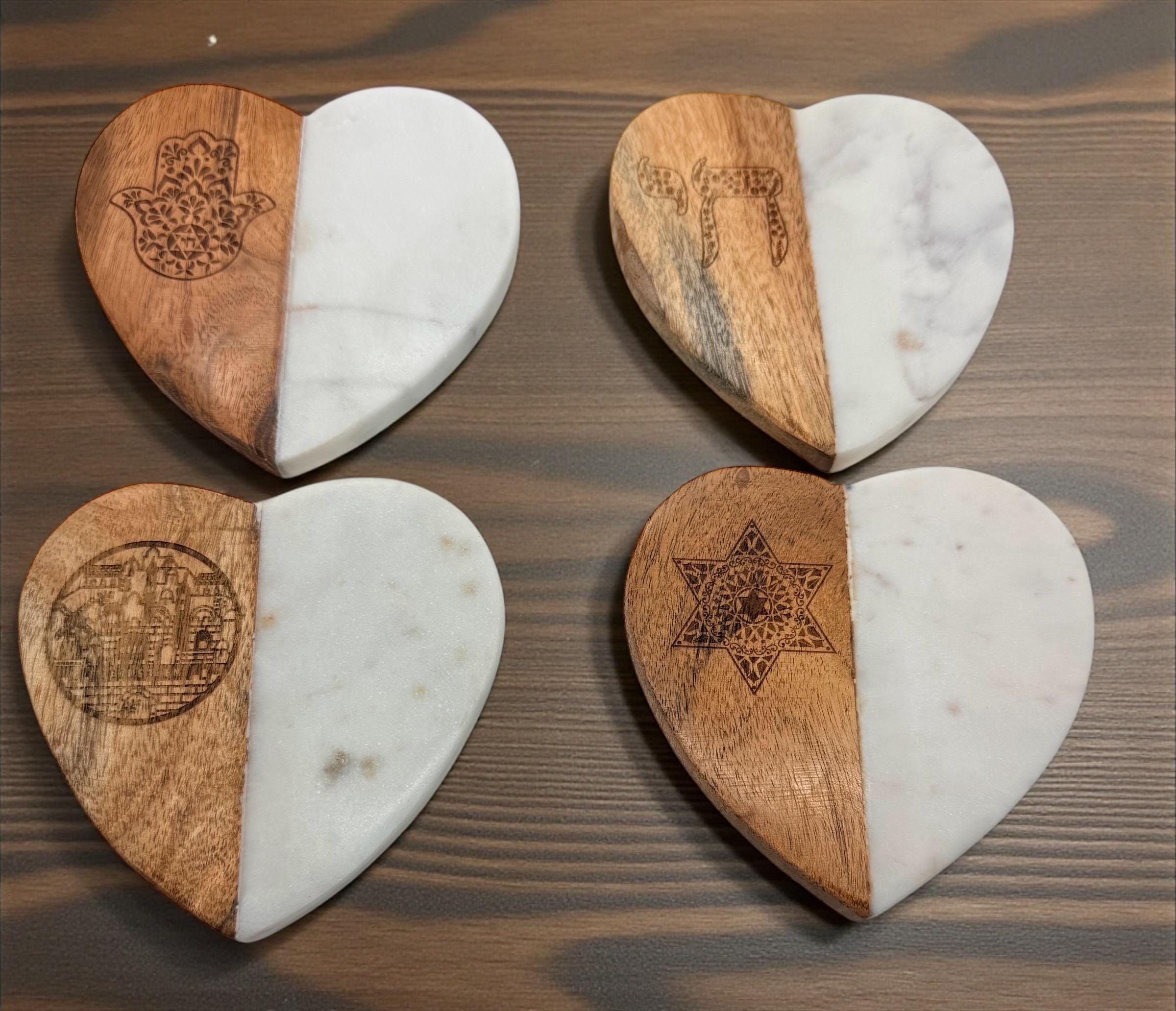 Natural marble and acacia wood heart shaped Handmade Coaster Set with Star of David Chai Hamsa Hand and Jerusalem engraved