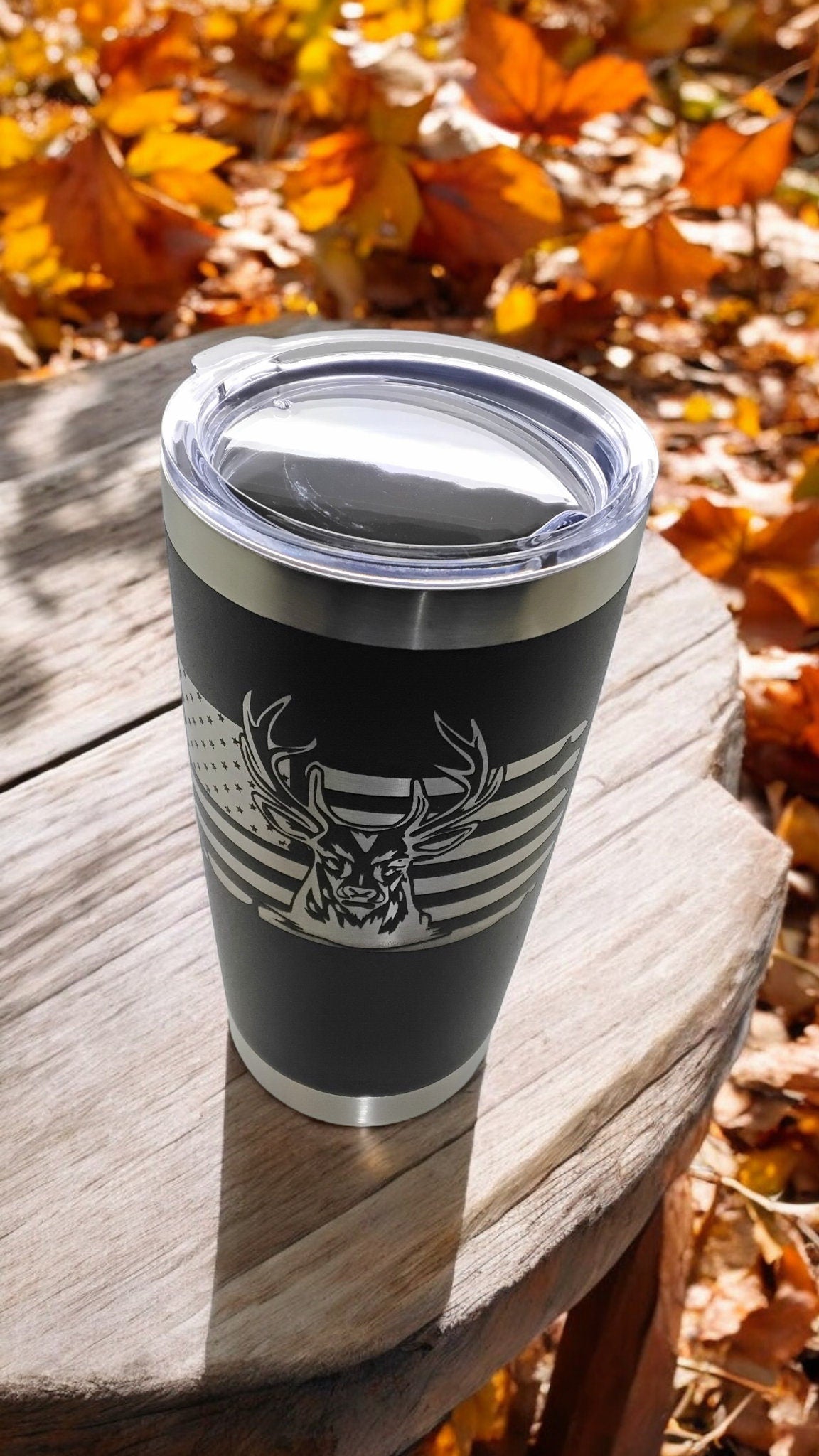 20oz Stainless Steel Tumbler with Lid engraved US Flag Deer Hunting travel mug