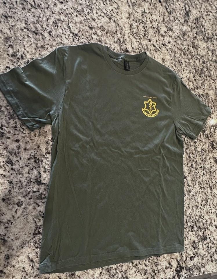 IDF T-shirt 100% cotton with small pocket size logo in the front and large logo in the back Israel Army shirt unisex adult
