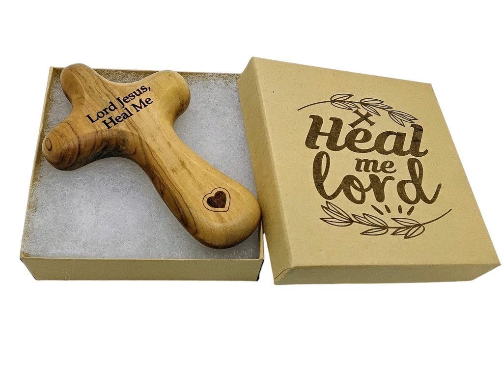 Bethlehem olive wood comfort cross engraved with Lord Jesus, Heal Me and heart, can be personalized with name on the back gift boxed