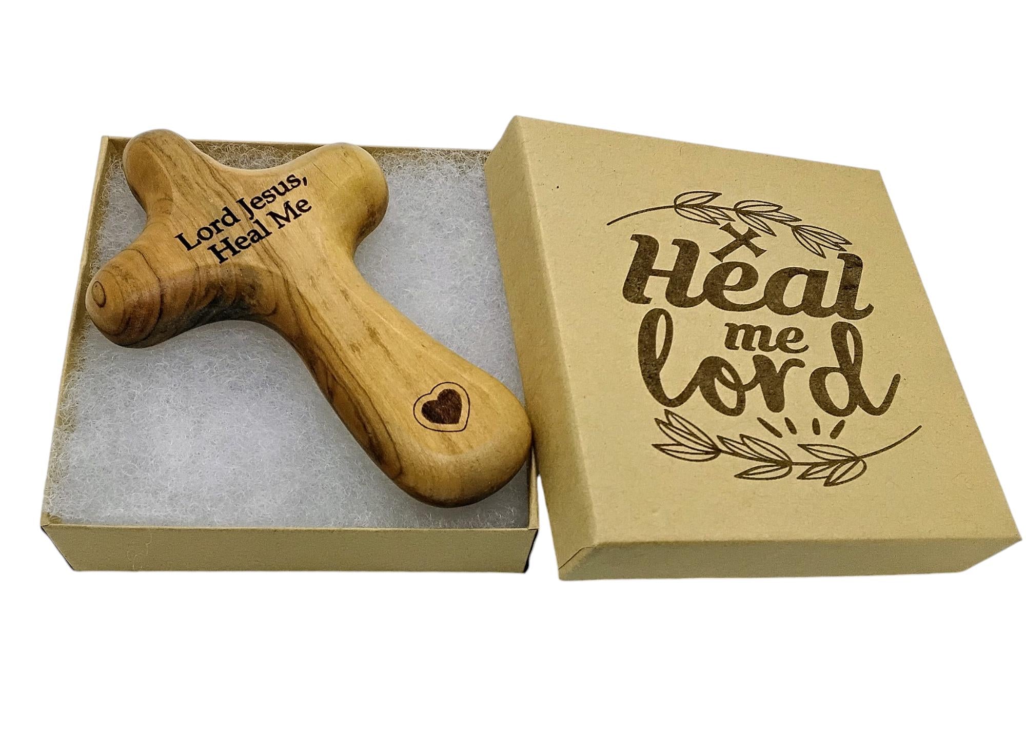 Bethlehem olive wood comfort cross engraved with Lord Jesus, Heal Me and heart, can be personalized with name on the back gift boxed