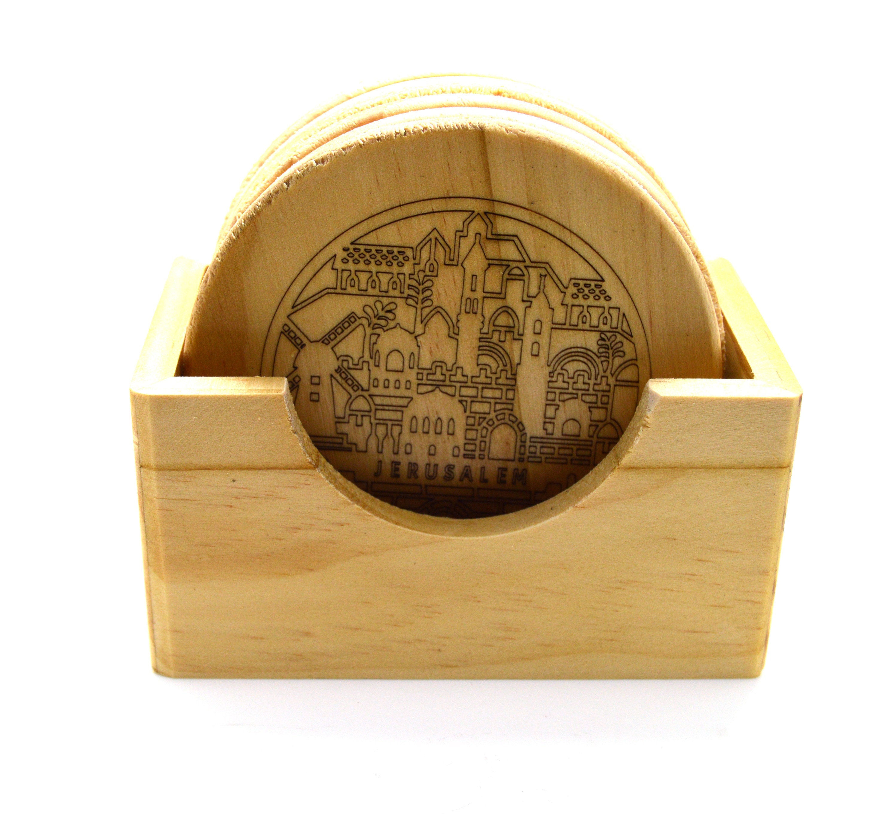 Jerusalem engraved coasters set of 6 pine wood with stand real wood