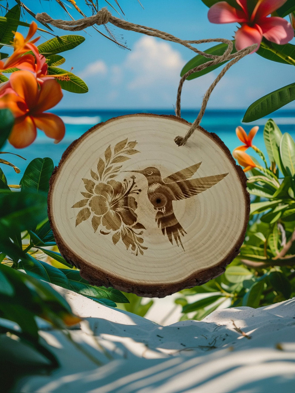 Hummingbird handmade engraved on natural pine wood slice with the bark great decoration for the Christmas tree comes ready to hung gift box