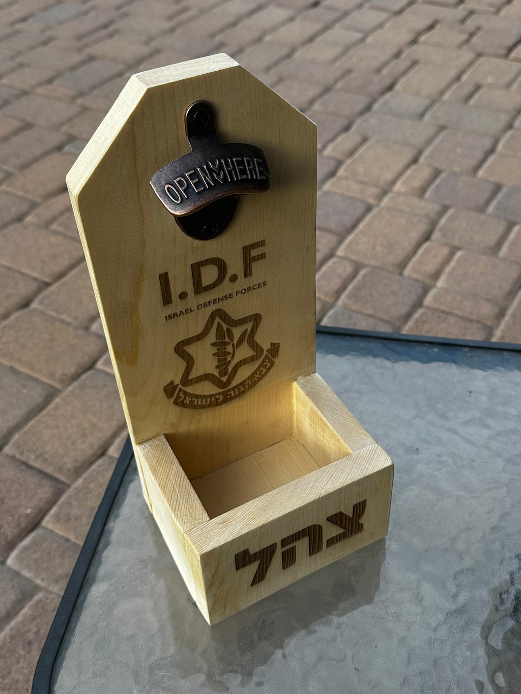 Wooden beer bottle opener handmade with Hebrew IDF Israel defense forces