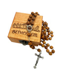 Bethlehem olive wood rosary beads with the Madonna and child holy soil centrepiece and wooden box handmade engraved with Bethlehem nativity