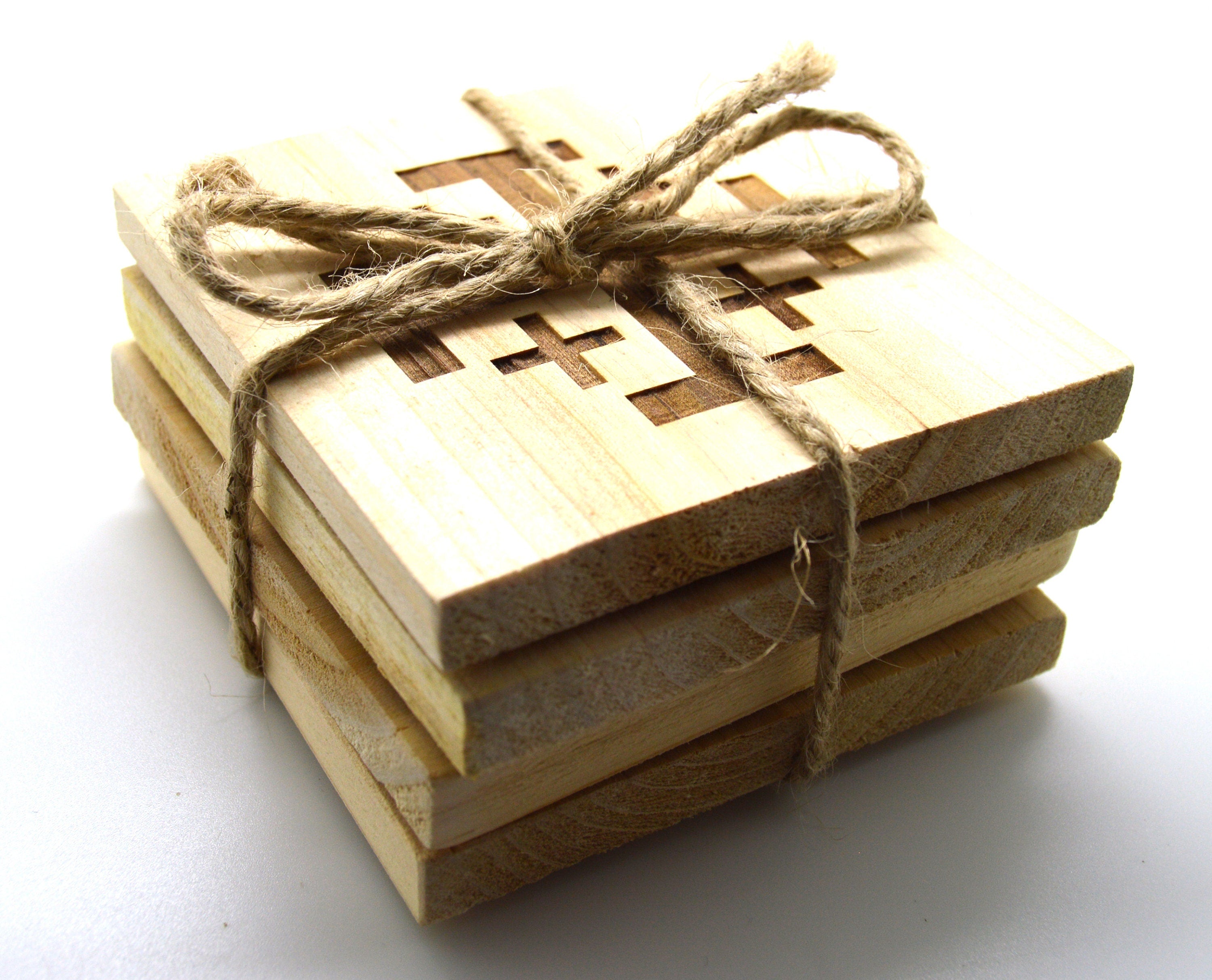 Jerusalem cross wooden coasters engraved on pine wood set of 4 coasters