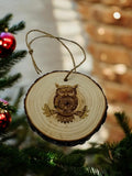 Owl bird handmade engraved on natural pine wood slice with the bark great decoration for the Christmas tree comes ready to hung gift box