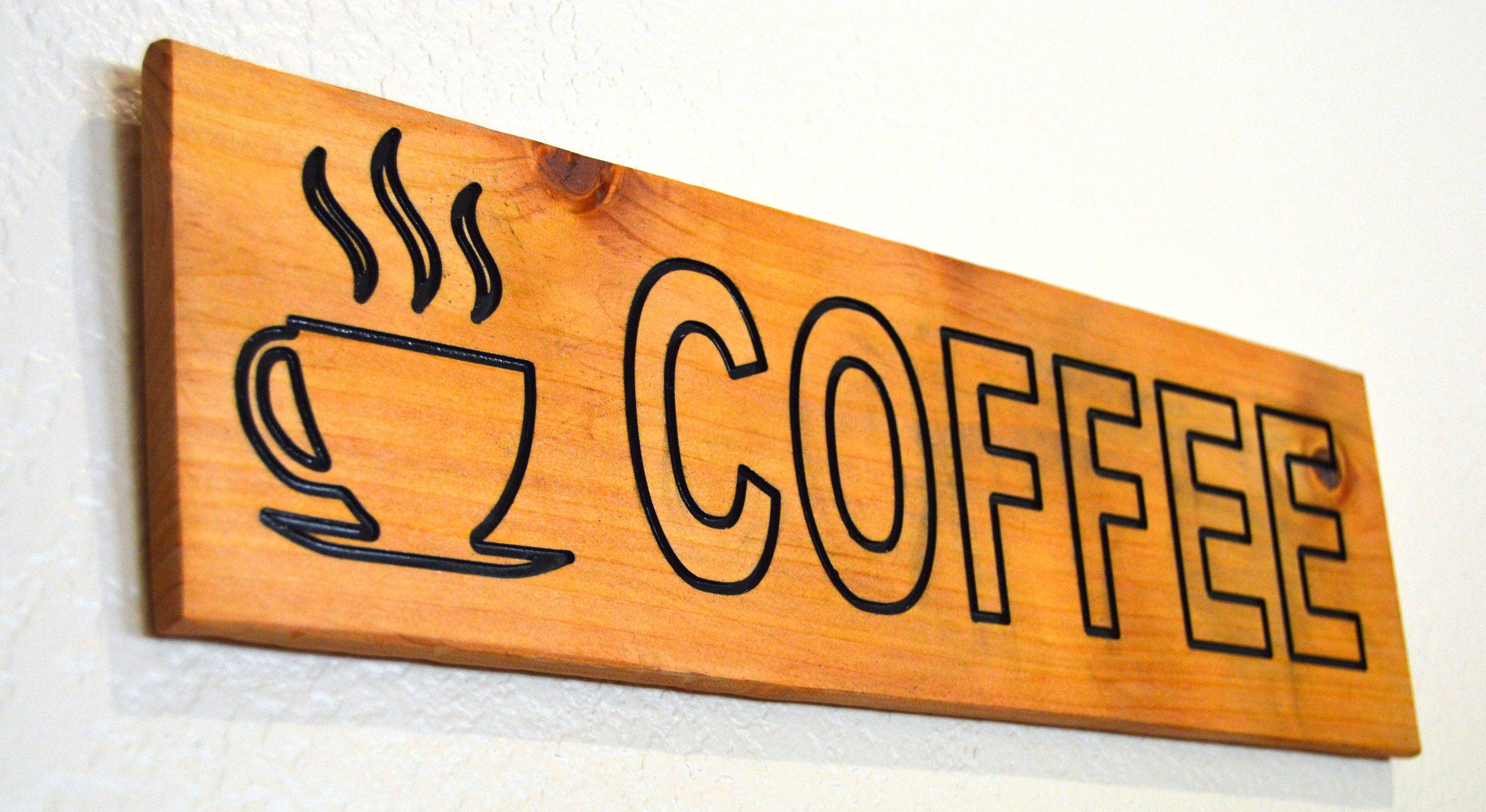 Coffee wood carving sign Cedar wood hand painted and stained size 18"